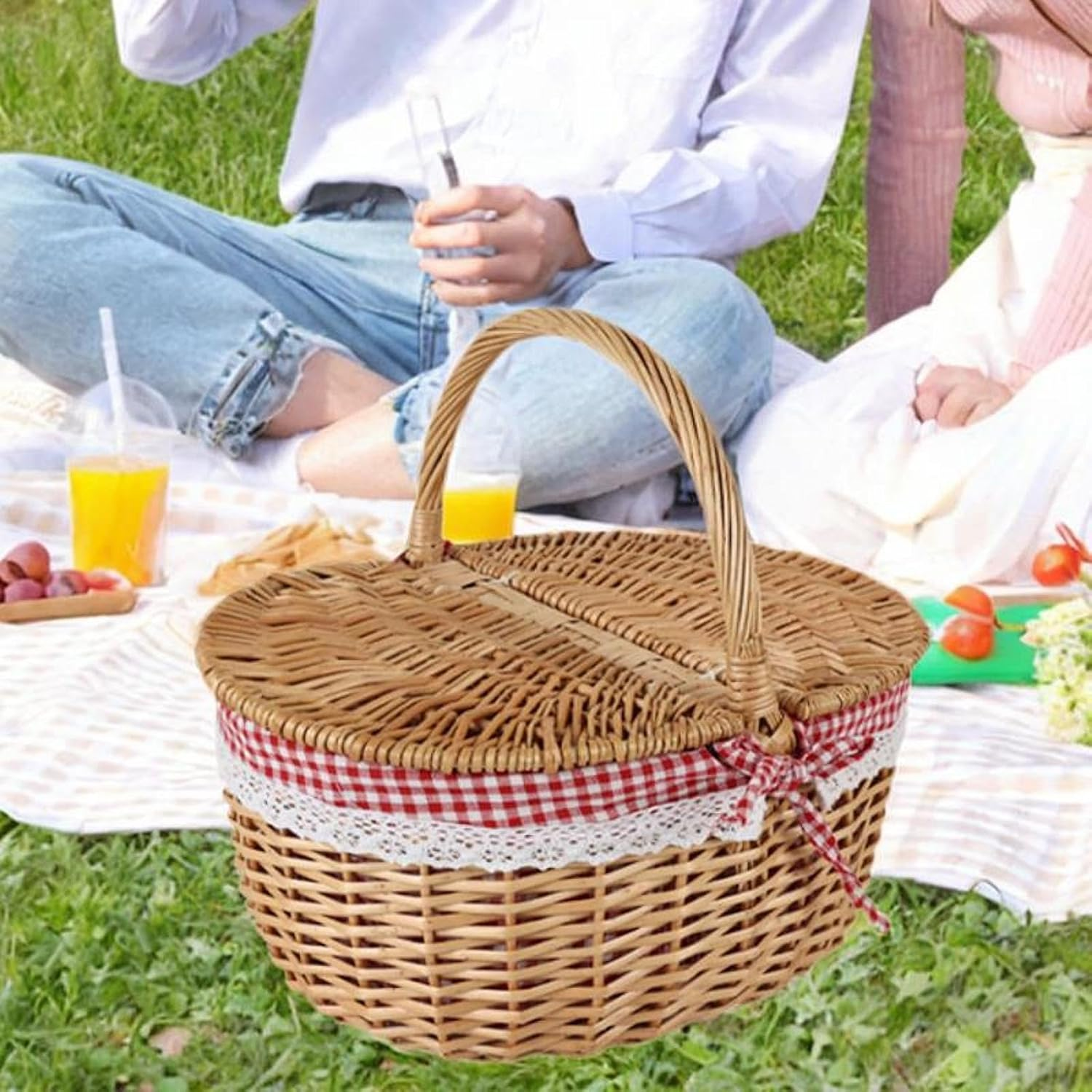 Wicker Picnic Basket, Rattan Storage, Serving Basket with Lid and Handle, Wicker, Woven Basket for Park Parties, Red White, Small image number 4