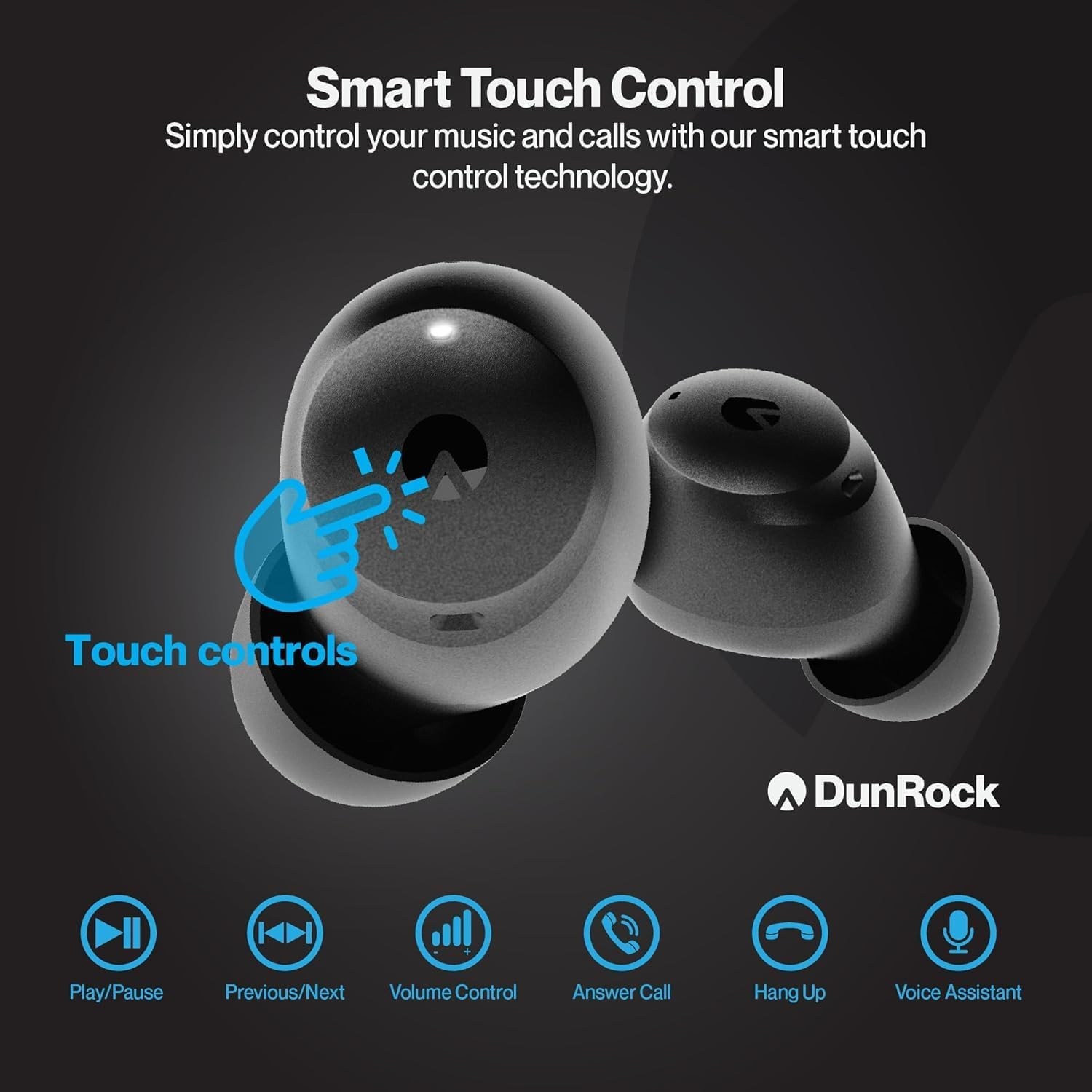 Dunrock Pop Bluetooth 5.3 In-Ear Headphones - Wireless with Hybrid ANC, Transparency Mode, App Control, 32H Battery, 6 ENC Microphones, Touch, USB-C - True Wireless for Calls, Sports & Travel - Black