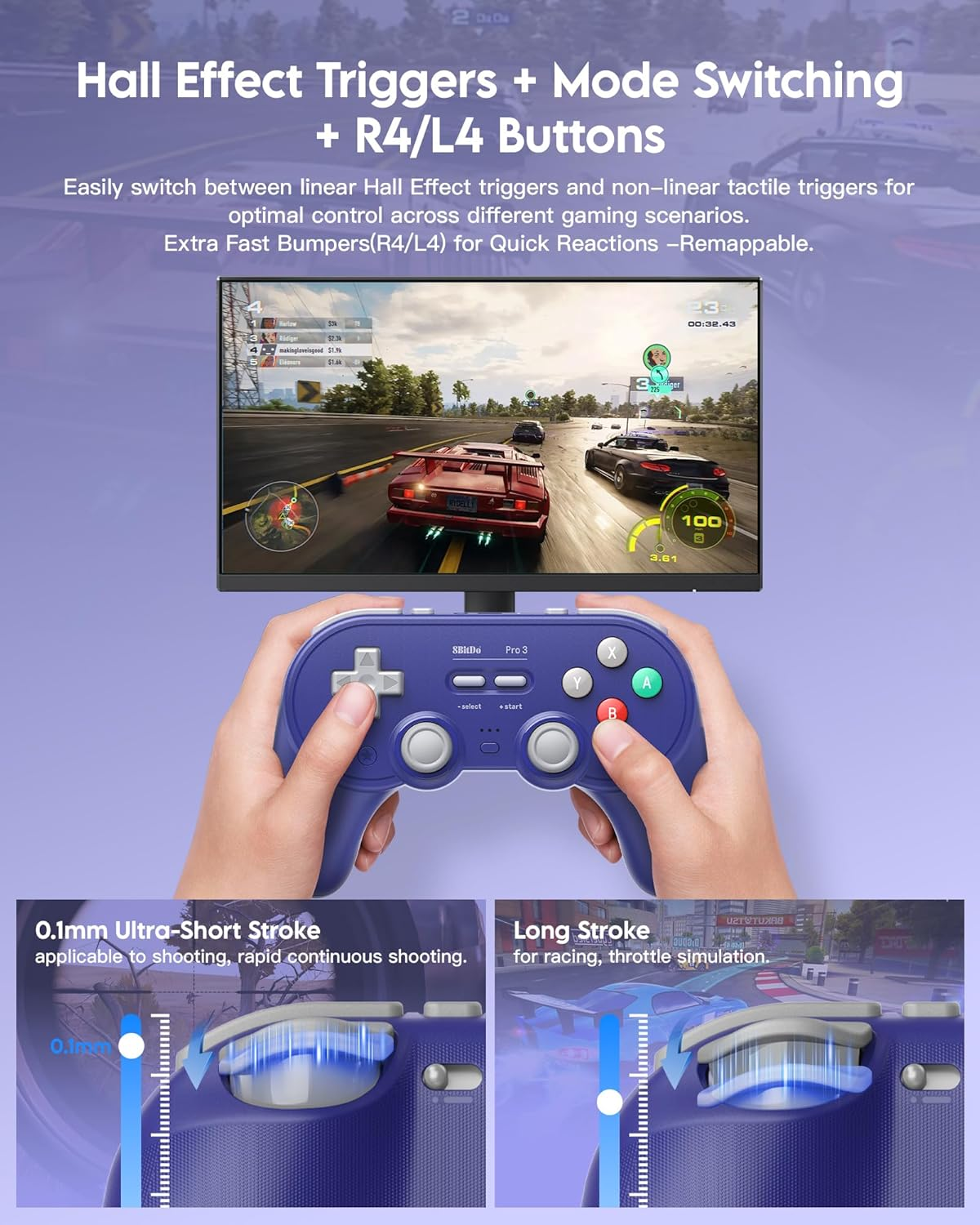 8Bitdo Pro 3 Bluetooth Controller for Switch/Switch 2 - TMR Joysticks, Swappable ABXY Buttons, Pro Back Buttons, Charging Dock, Hall Effect Triggers, Windows/Apple/Android（Purple） image number 3