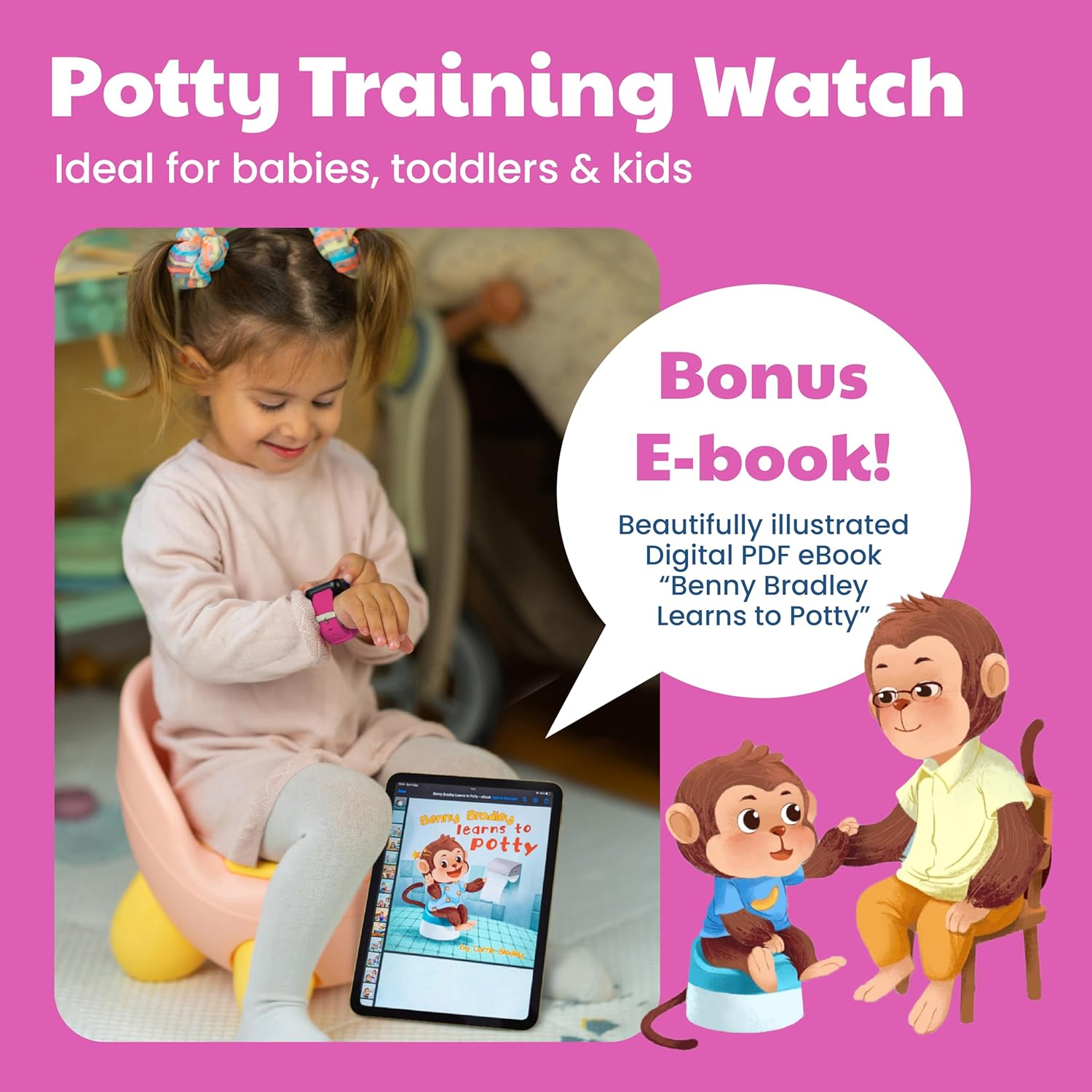 Potty Training Watch for Kids V2 a Water Resistant Potty Reminder Device for Boys & Girls to Train Your Toddler with Fun/Musical & Vibration Interval Reminder with Potty Training Ebook - Magenta image number 3