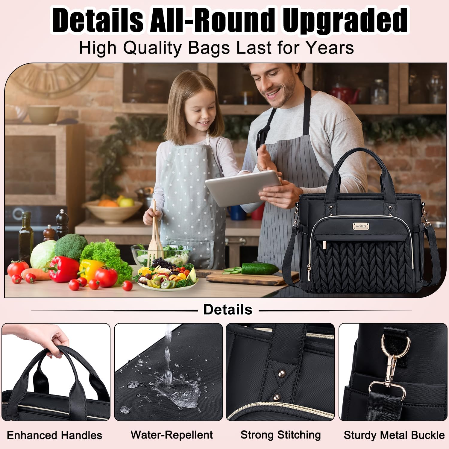 Weitars Insulated Lunch Bag for Women,Leak Proof Lunch Box for Work,Extra Large Lunch Tote Bag with Removable Shoulder Strap with Side Pockets,Reusable Lunch Bag for Picnic Hiking (Black-02) - Gray image number 7