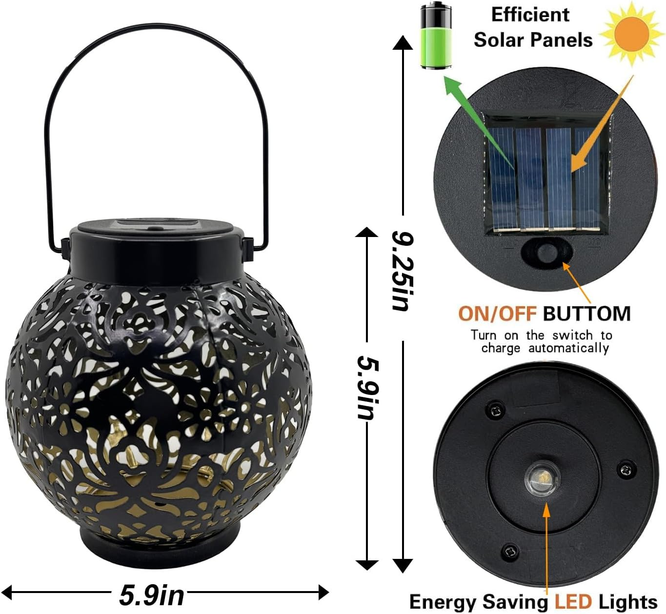 Outdoor Solar Hanging Lantern Lights, Waterproof Tabletop Solar Lights with Handle, LED Solar Moroccan Lanterns, Metal Decorative Garden Solar Lights for Lawn, Porch, Backyard(1 Pack Black) image number 2