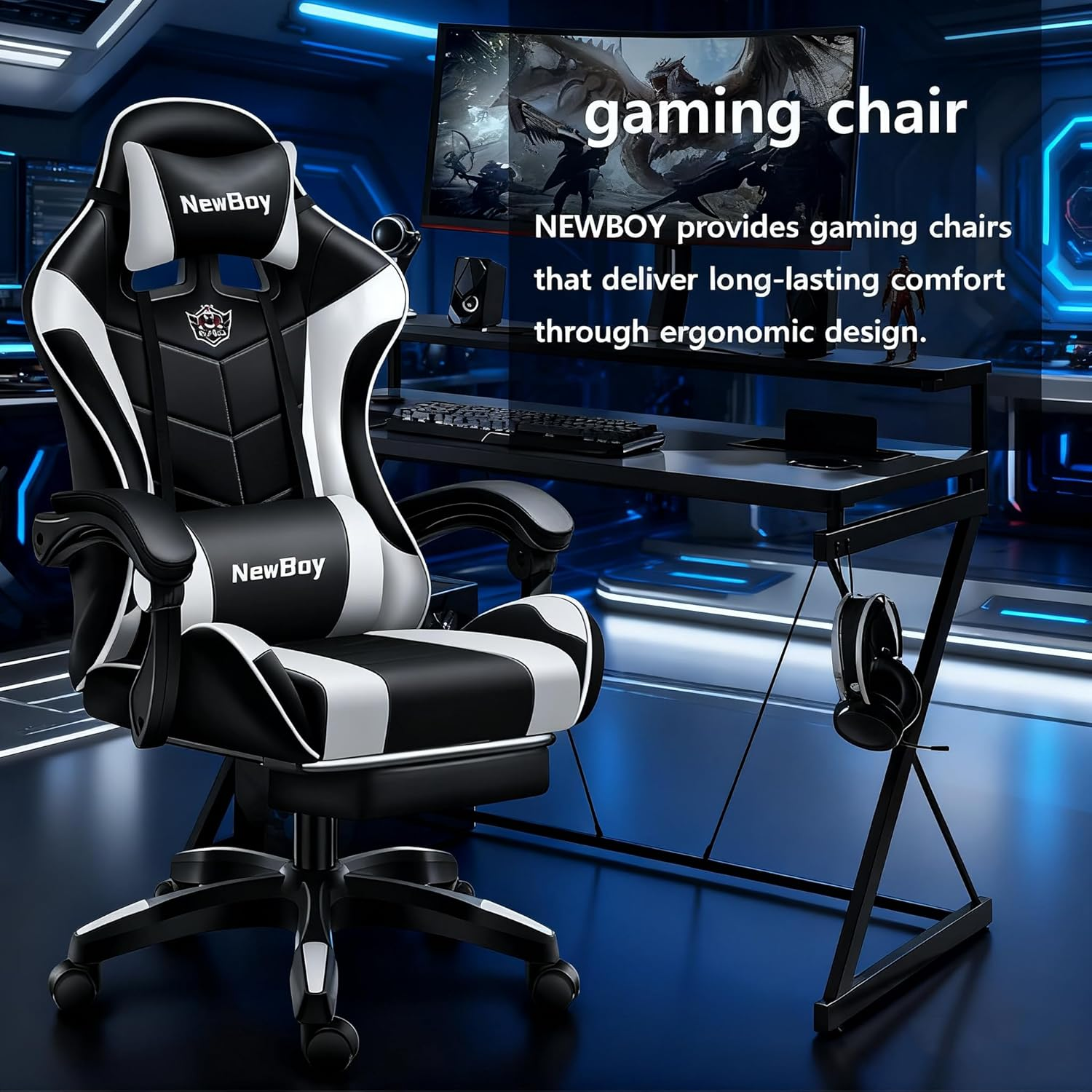 Gaming Chair, Ergonomic Office Chair - PU Leather Reclining Chair with Footrest, Headrest and Lumbar Support, Height-Adjustable, Suitable for Gaming/Office Scenarios (Model 13, Black and White) image number 5