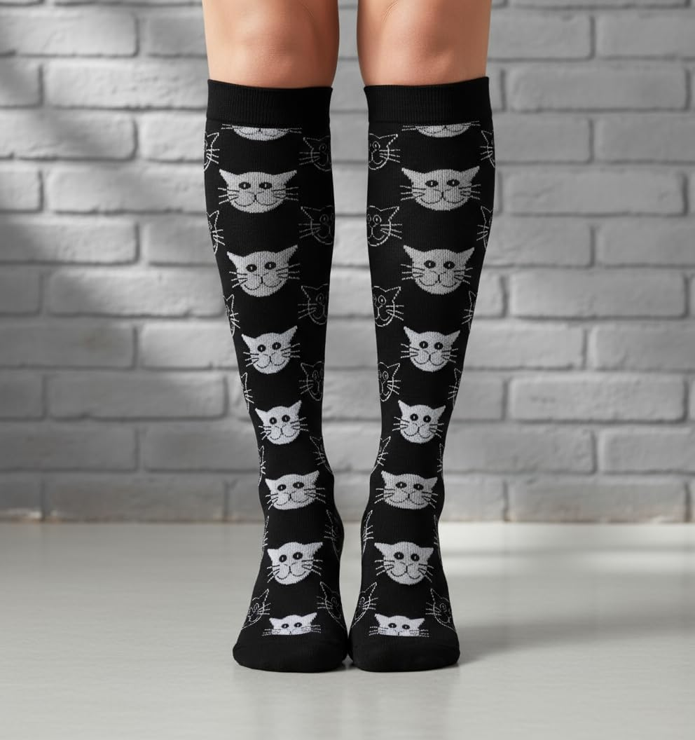 20-30 Mmhg Compression Socks for Women - Knee High Support Socks for Nurses, Pregnancy, Sports & Travel - Black Cat image number 6