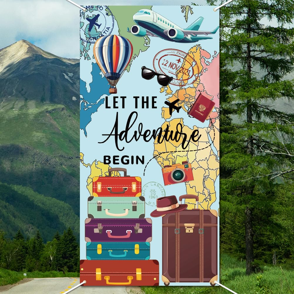 WADORN Let the Adventure Begin Backdrop, Adventure Awaits Birthday Party Banner Decorations Large Fabric Global Travel Photo Booth Banner Map Photography Background for Graduation 35.43X70.87 Inch image number 5