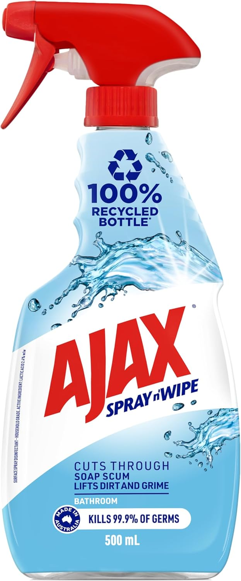 Ajax Spray N' Wipe Bathroom Antibacterial Disinfectant Cleaner Trigger, 500Ml, Fresh Burst Surface Spray, Soap Scum Remover