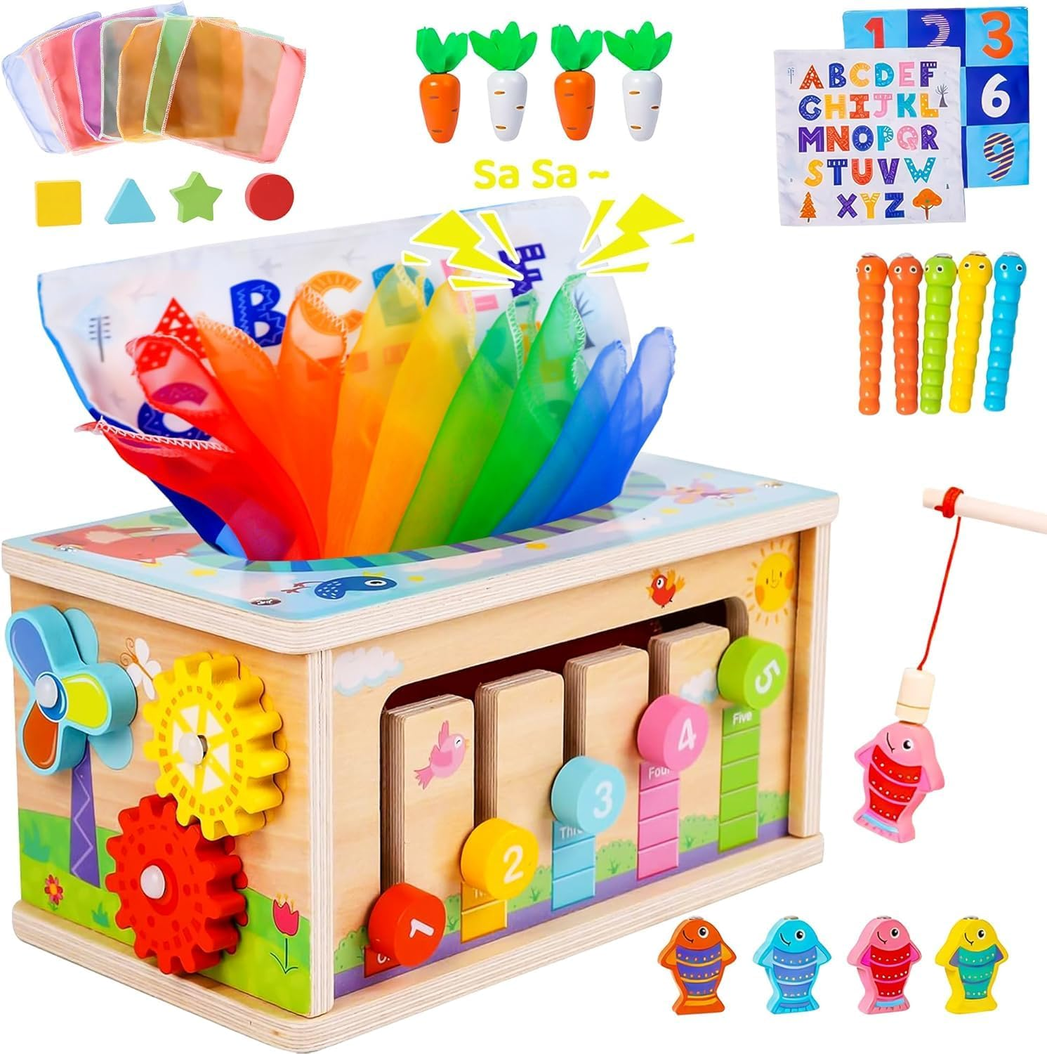 6-In-1 Montessori Tissue Box Toy for 3+Yrs Old Baby, Wooden Activity Cube, Puzzles 36+ Months, Sensory Toys for Toddlers, Montessori Toys, Wooden Developmental Toys for Babies image number 2