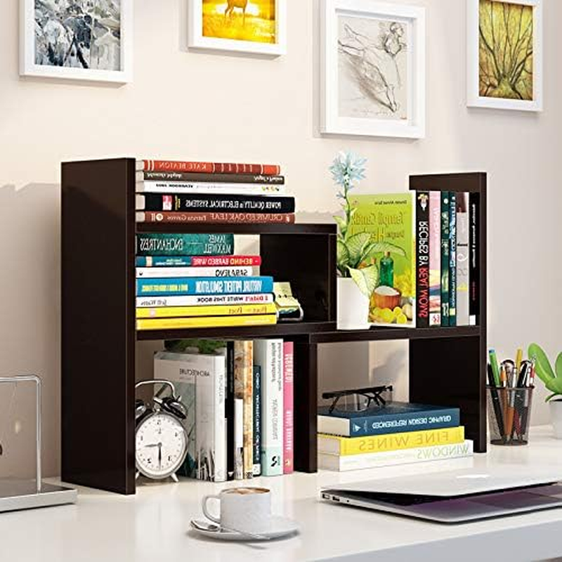 Desktop Bookshelf Organizer, Adjustable Wood Desktop Display Shelf Rack, Countertop Office Storage Rack Tabletop Bookshelf, Free Style Display Top Bookcase (Black Walnut) image number 1