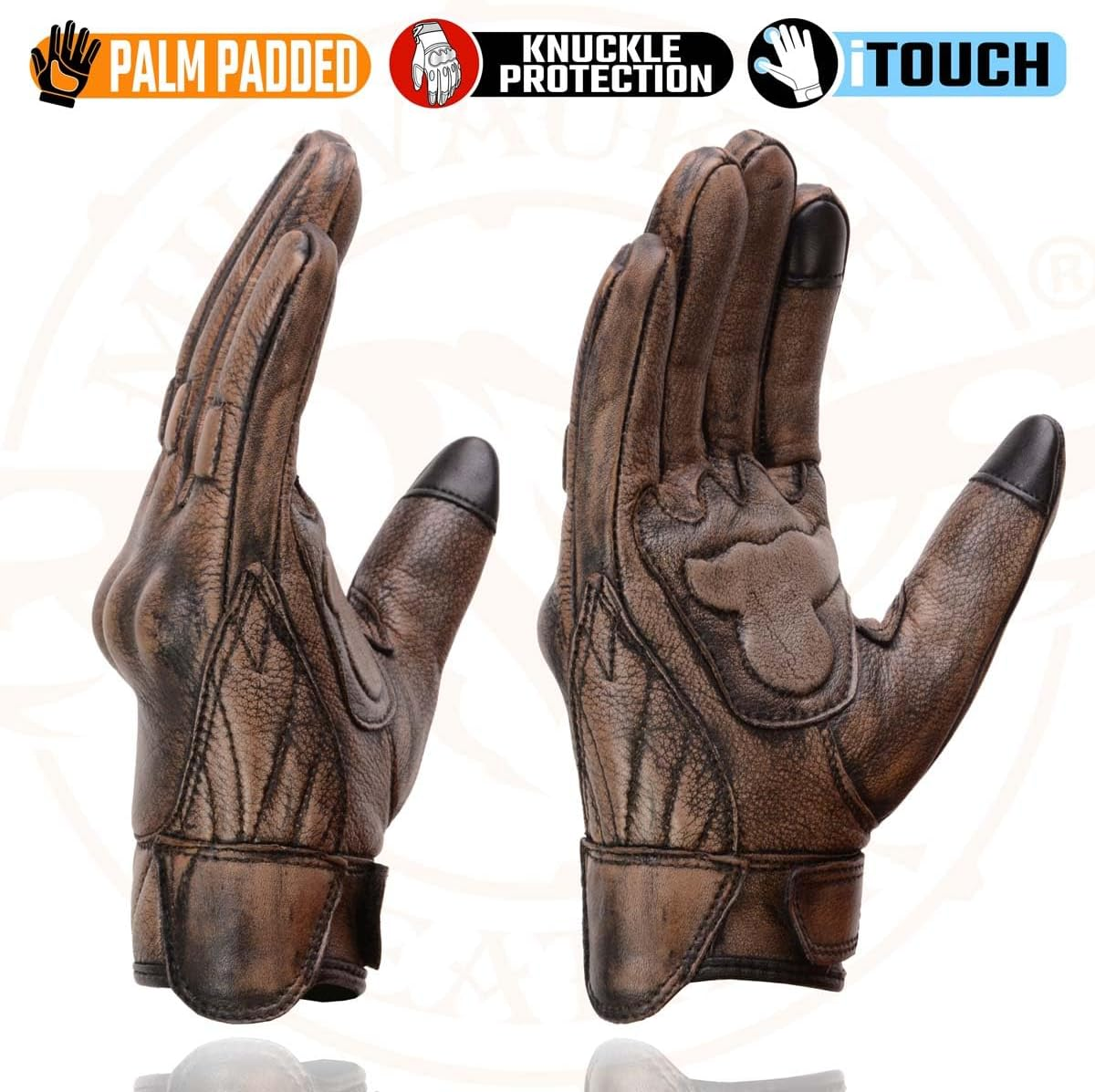Milwaukee Leather MG7514 Men'S Brown Leather I-Touch Screen Compatible Gel Palm Motorcycle Gloves W/Protective Knuckle image number 4
