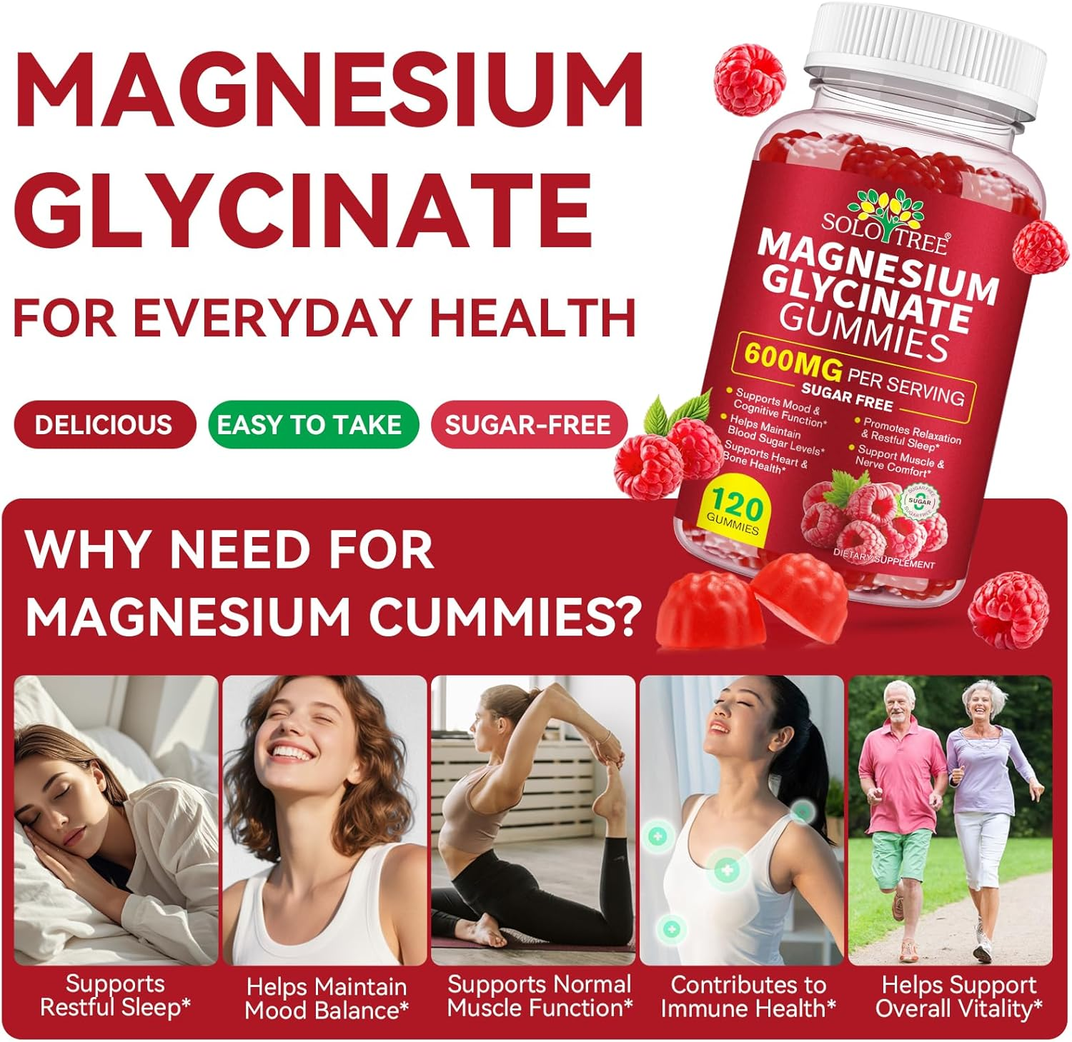 Magnesium Glycinate Gummies 600Mg | Calcium, Potassium, Vitamin D3 & B6 | Coq10 & Black Pepper | Sugar Free | Raspberry Flavour | 120 Gummies image number 3