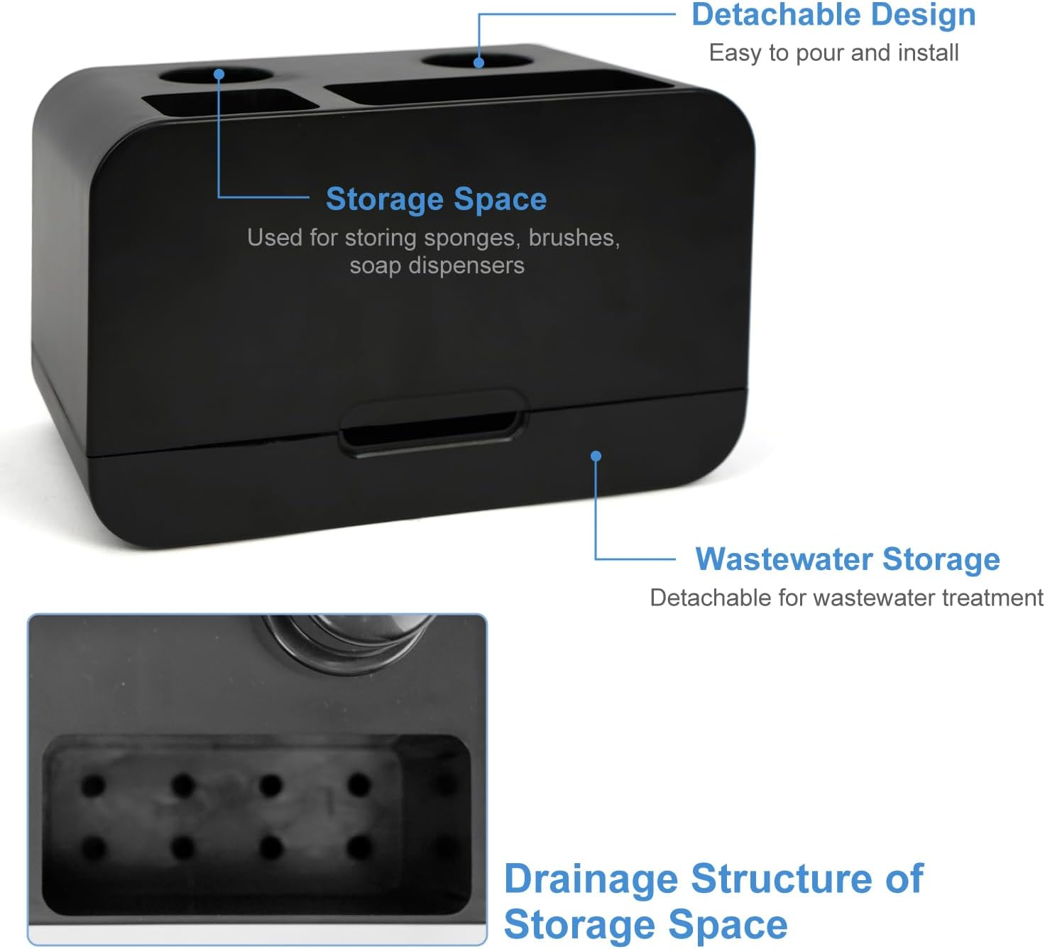 Kitchen Soap Dispenser with Silicone Funnel, Hand and Dish Soap Dispenser and Sponge Caddy and Brush Holder, 4 in 1 Countertop Organizer for Kitchen Sink(Black) image number 1