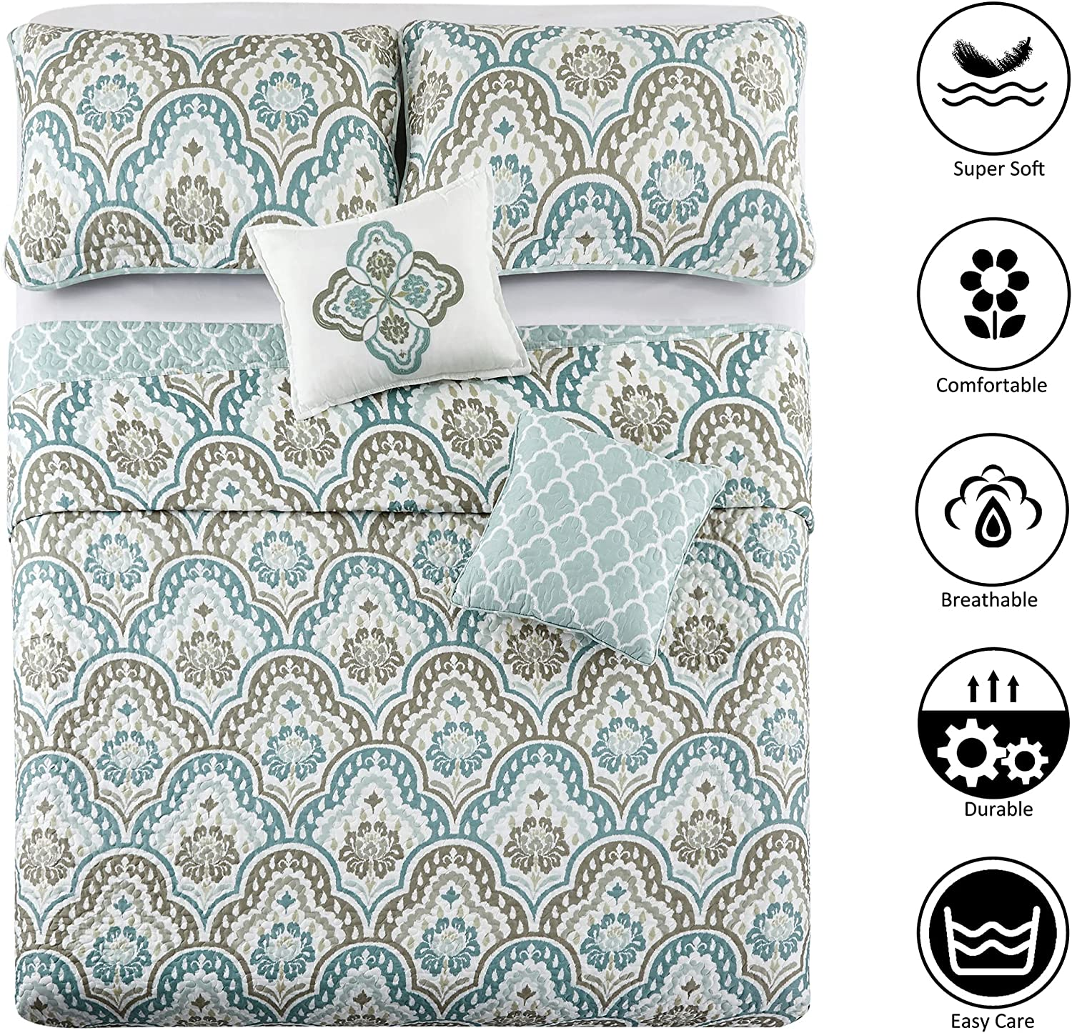 Home Soft Things Tivoli Ikat King Size 102" X 90" 5 Piece Teal Aqua Printed Prewashed Quilted Coverlet Bedspread Bed Cover Set for All Season, Lightweight Quilt Blanket with Matching Shams Pillows image number 6