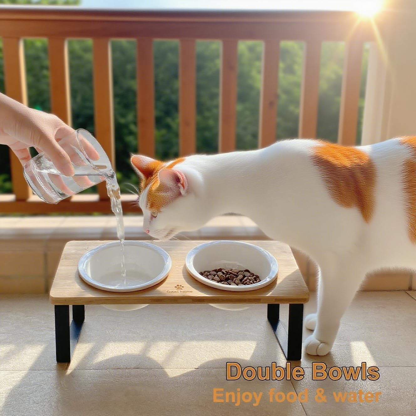 MEKAPLE Ceramic Elevated Cat Bowls, Elevated Puppy Bowls for Food & Water &ndash; 5.5-Inch Wide Bamboo Stand with Tilted Design to Prevent Vomiting, Orthopedic Double Dish for Indoor Use (Wooden Finish) image number 2