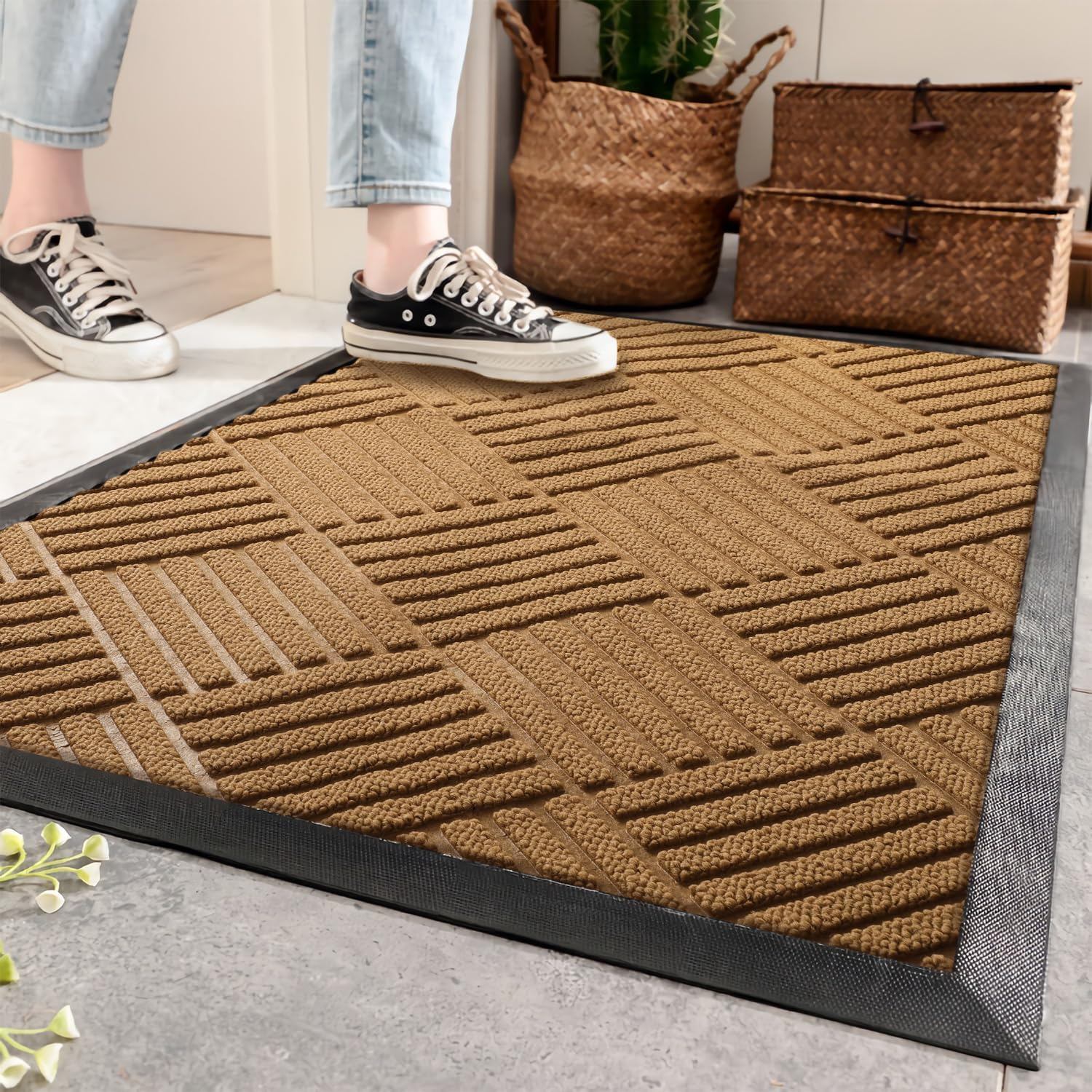 AAZZKANG Front Door Mat Non Slip Low Profile Outdoor Doormat Quick Trap Dirt Easy to Clean Welcome Mats for Entrance,High Traffic Areas,Indoor,Heavy Duty Brown image number 6