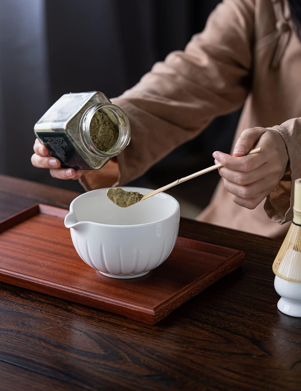 TANG PIN Matcha Set - Match Bowl and Whisk | Matcha Scoop Matcha Stand (Chasen Holder) 4Pc Perfect Matcha Kit for Matcha Tea Ceremony (White) 5.4*4.7*3.0 - Mottled Green image number 7