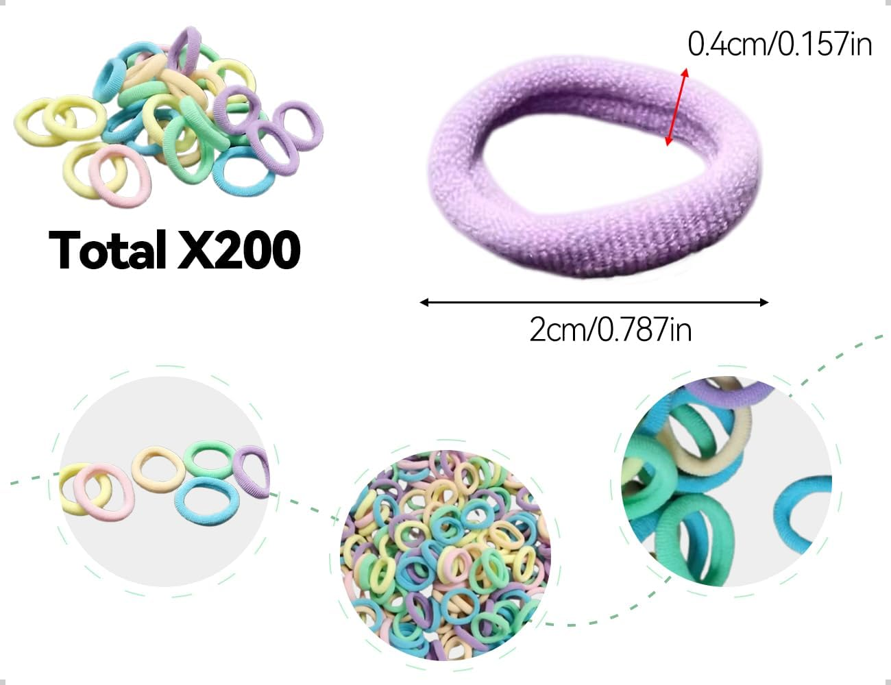 AOYEGIC Pack of 200 Small Hair Bobbles Girls, Seamless Multicoloured Mini Hair Bobbles, Elastic Soft Loom Bands, Ponytail Decoration, for Girls, Children, Baby (Colour) image number 3