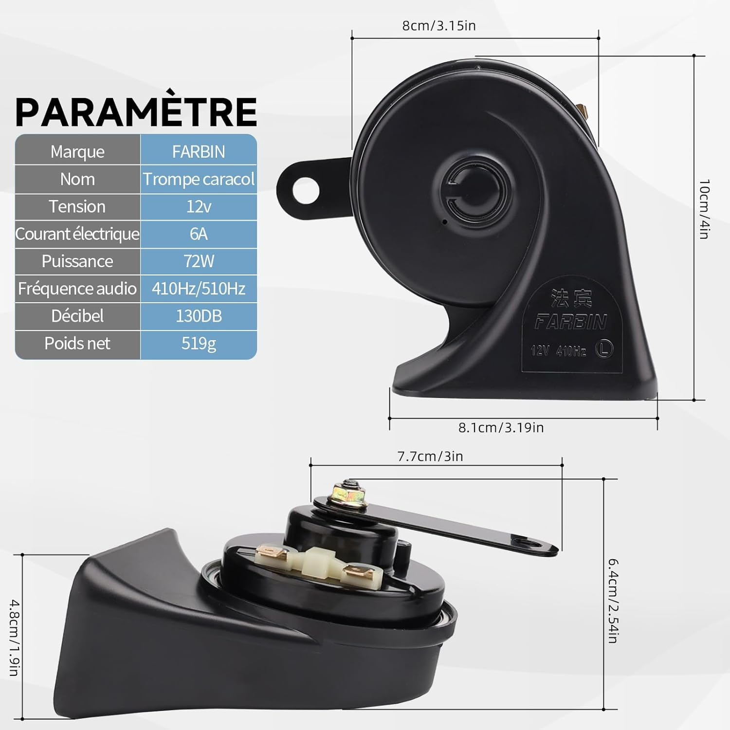 FARBIN Car Horn 12V Loud Waterproof Double Horn Super Loud Train Horns Car Electric Snail Horn Air Horns Truck Horn Replacement Kit Universal for Car Motorcycle Truck Boat (Black, Boutique Snail Horn)