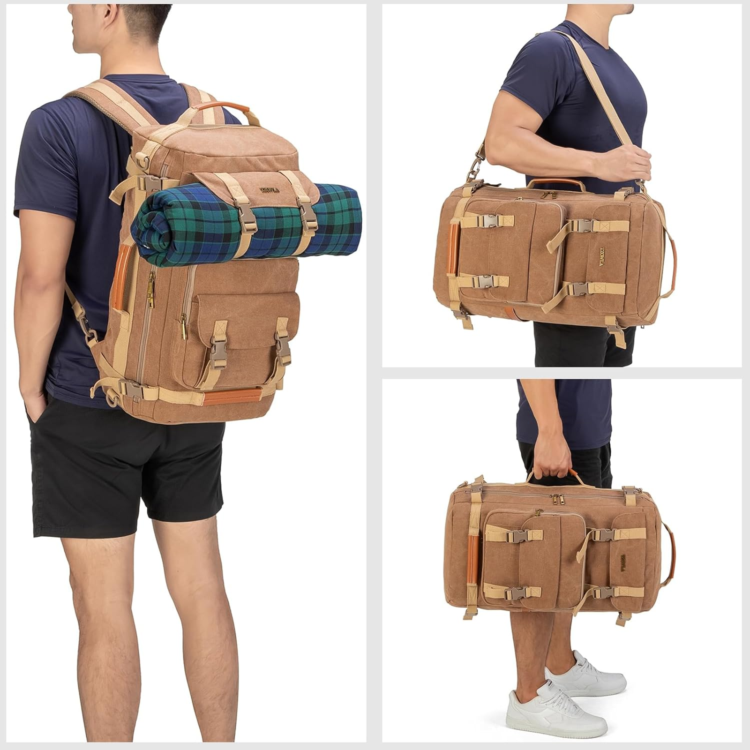 Tzowla Canvas Travel Backpack Carry on Flight Approved,Large Vintage Messenger Bag,3-In-1 Convertible Backpacks Duffel Bag,Personal Ltem Laptop Rucksack for Men and Women Fit 17 Inch Laptop image number 5