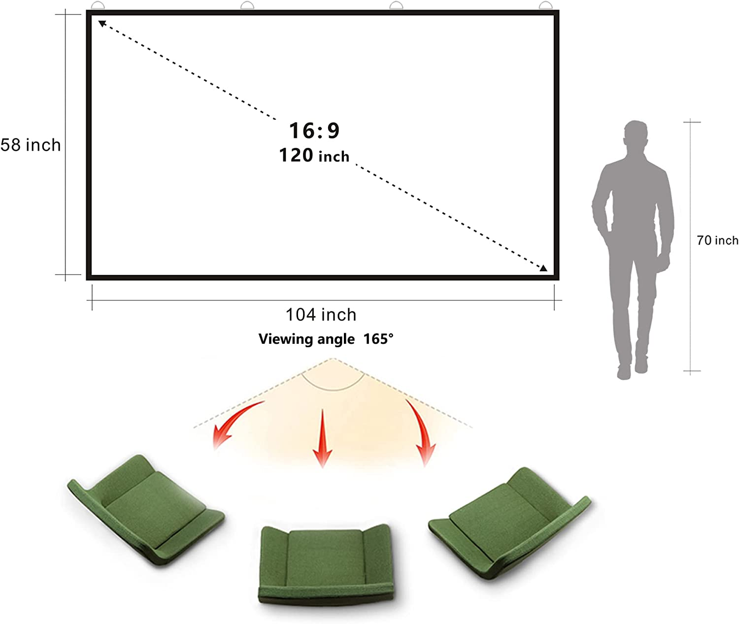 Portable Projector Screen 120 Inch with Combined Pole Frame Black Backing Silver Foldable Projection Screen