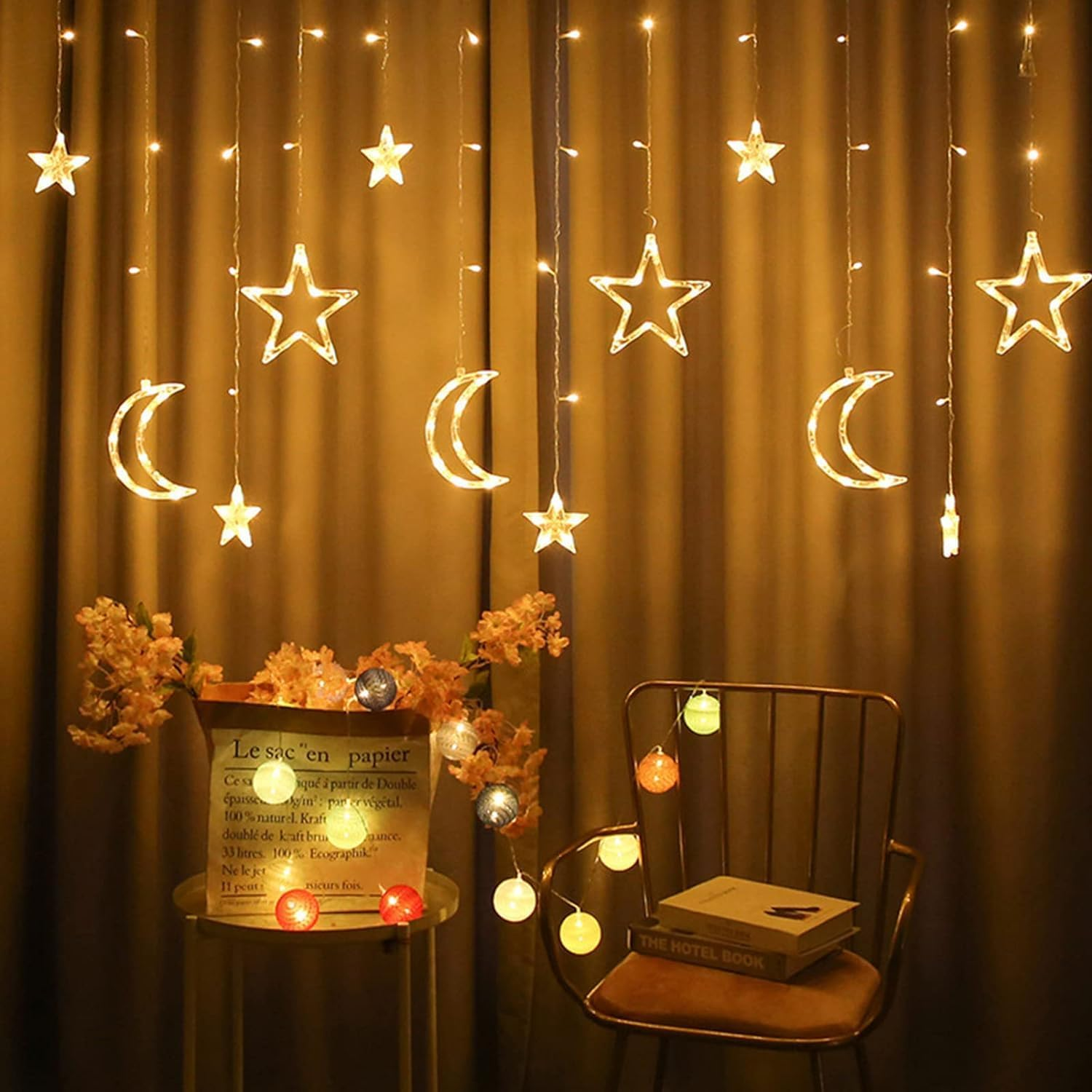 126 LED Star Lights, 3M Powered Twinkle Star Moon Fairy Lights, Curtain String Lights for Ramadan Window Wedding Garden Christmas Decoration (Warm White) image number 4