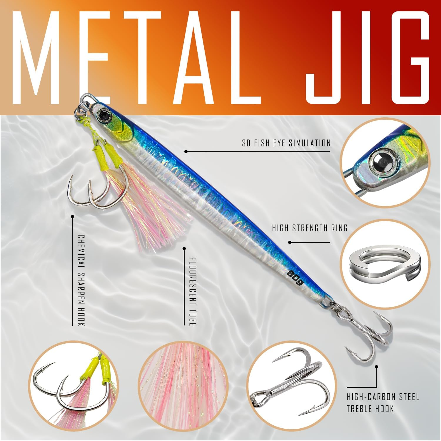 Saltwater Fishing Jigs 2.28Oz/80G, Speed Jig, Luminous Slow Pitch Jigs, Metal Vertical Jigging for Tuna, Salmon, Sailfish, Striped Bass, Grouper Snapper, Kingfish, 3PCS image number 3