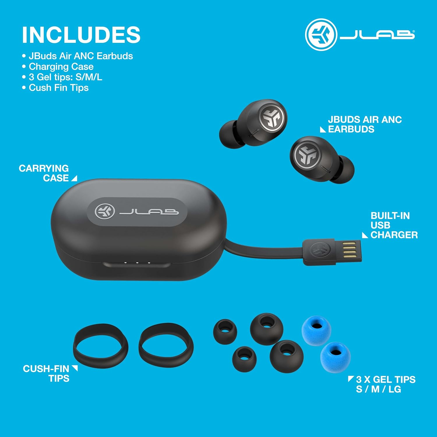 Jlab Jbuds Air ANC True Wireless Bluetooth Earbuds, Black, Active Noise Canceling, Low Latency Movie Mode, Dual Connect, IP55 Sweat Resistance, Custom 3 EQ Sound Settings image number 4