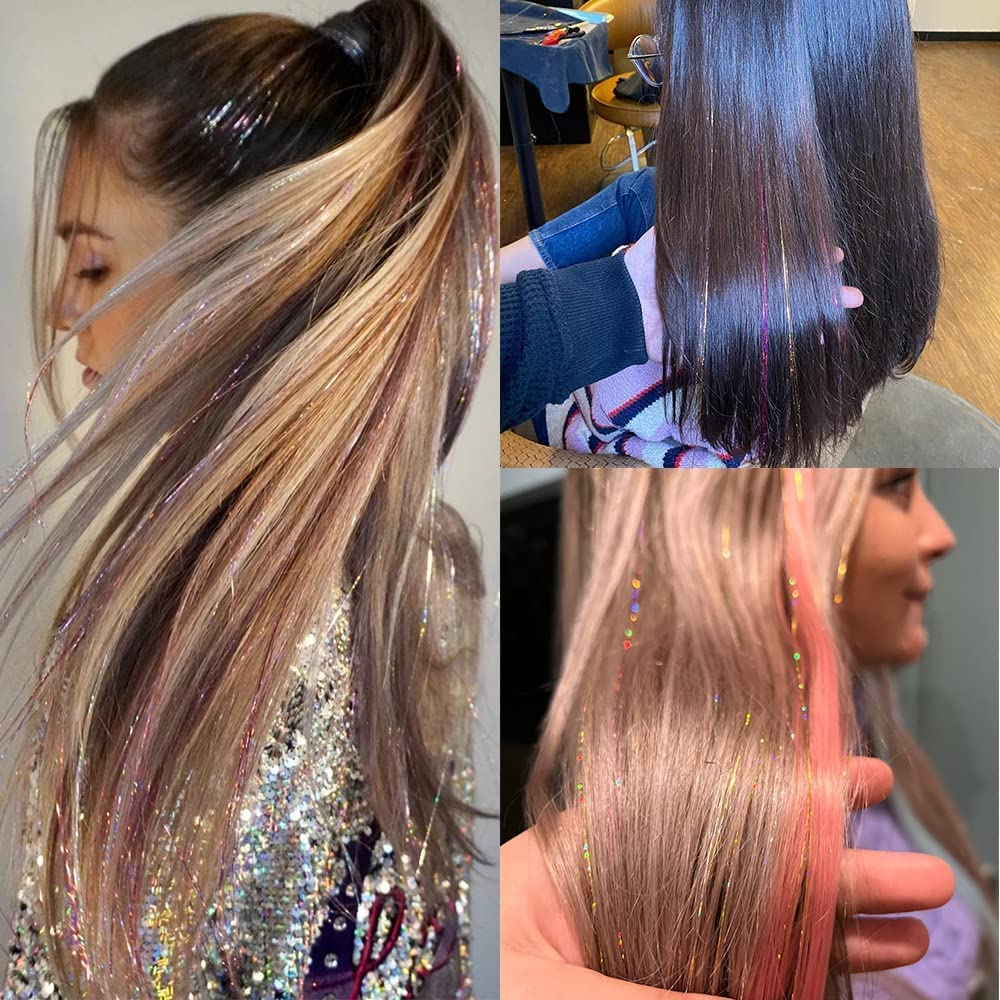 12 Colors Hair Tinsel Kit with Tools, Hair Tinsel Heat Resistant Sparkling Shiny Fairy Extensions for Christmas New Year Halloween Party and Accessories Extensions(Color:Colorful) image number 3