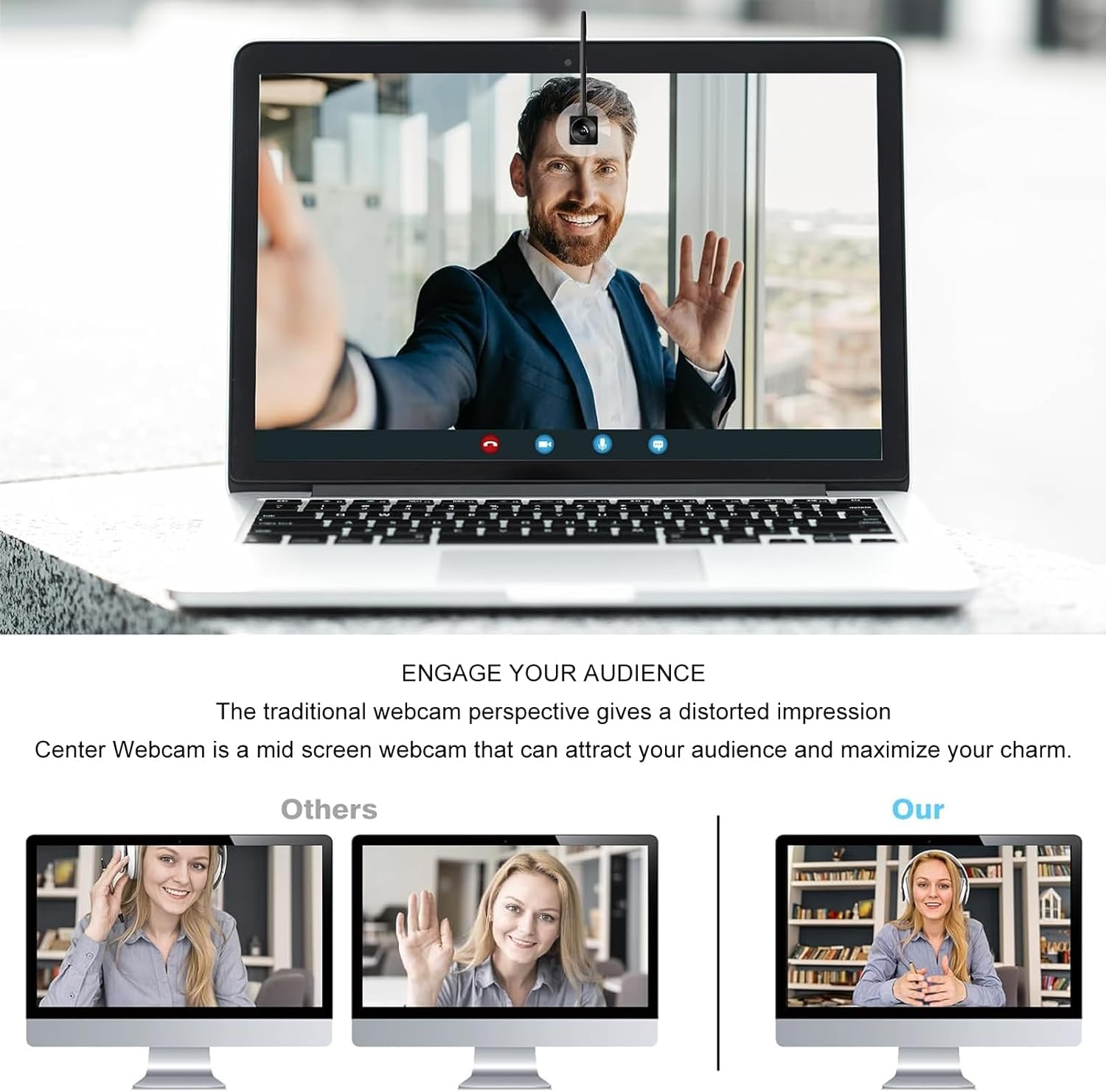 Center Cam Middle Screen Webcam, 1080P USB Webcam, Eye to Camera USB PC Webcam, Built in Microphone, for Youtube Meetings, Zoom, Conference image number 4