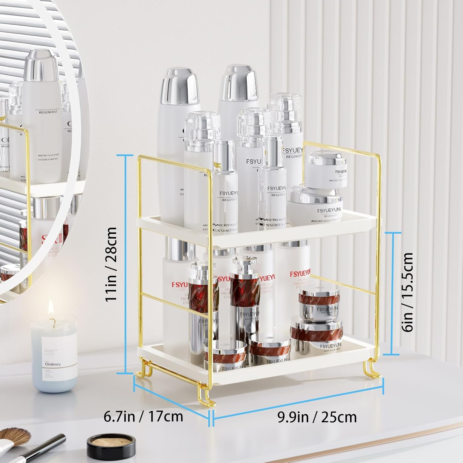 Fsyueyun 2-Tier Makeup Shelf Organizer, Kitchen Spice Rack or Bathroom Countertop Organizer Vanity Bedroom Storage Tray (Gold) - Gold image number 5
