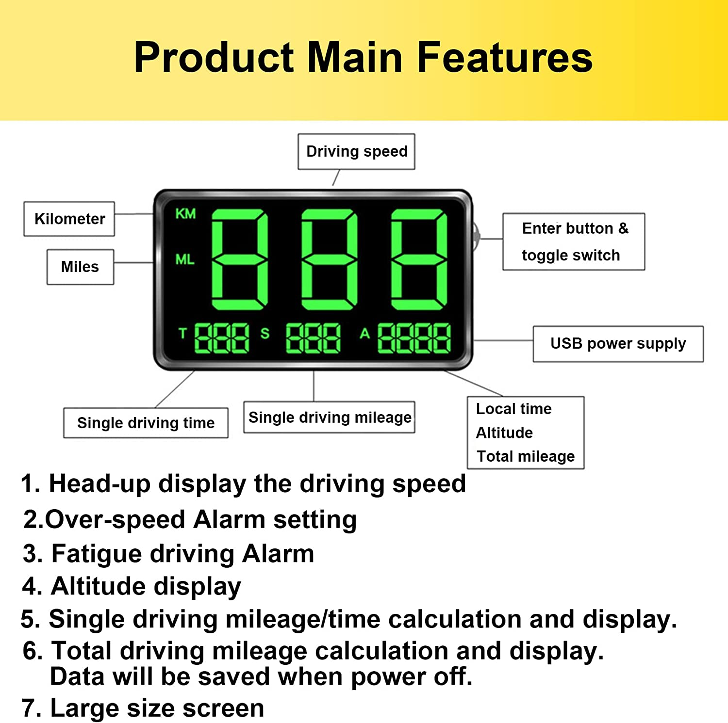 AUTENS Digital GPS Speedometer Universal HUD Head-Up Display Driving Speed Alert Fatigue Alarm for Cars with KM/H and MPH, 4.5Inch Large Screen for Car & Other Vehicle (C80) image number 6