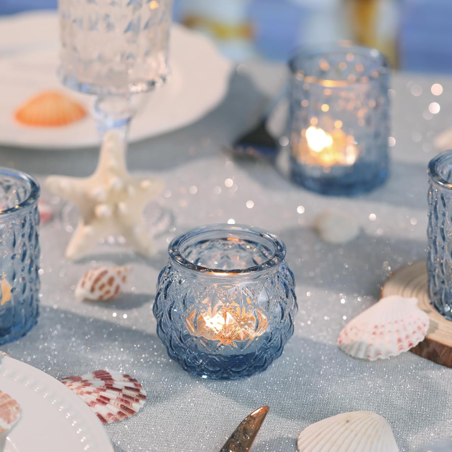 DARJEN Blue Glass Votive Candle Holders Set of 24 - round Tea Lights for Wedding, Shower, Party & Gift image number 6