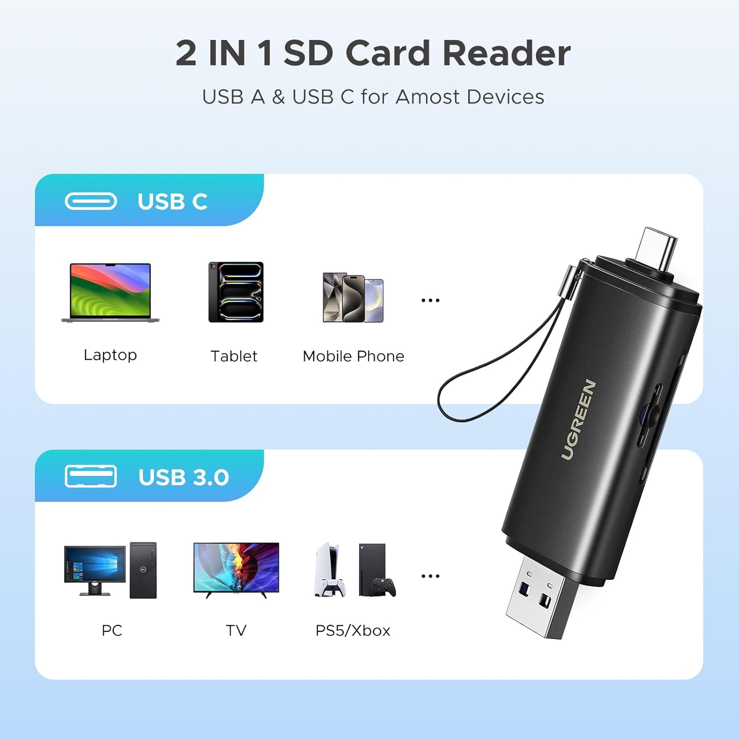UGREEN SD 4.0 312 Mb/S Card Reader Aluminium USB 3.0 USB C Dual Connector Card Reader SD Card Reader Memory Card Reader SD Card Adapter Compatible with Iphone 16/Android/Windows/Macos image number 4