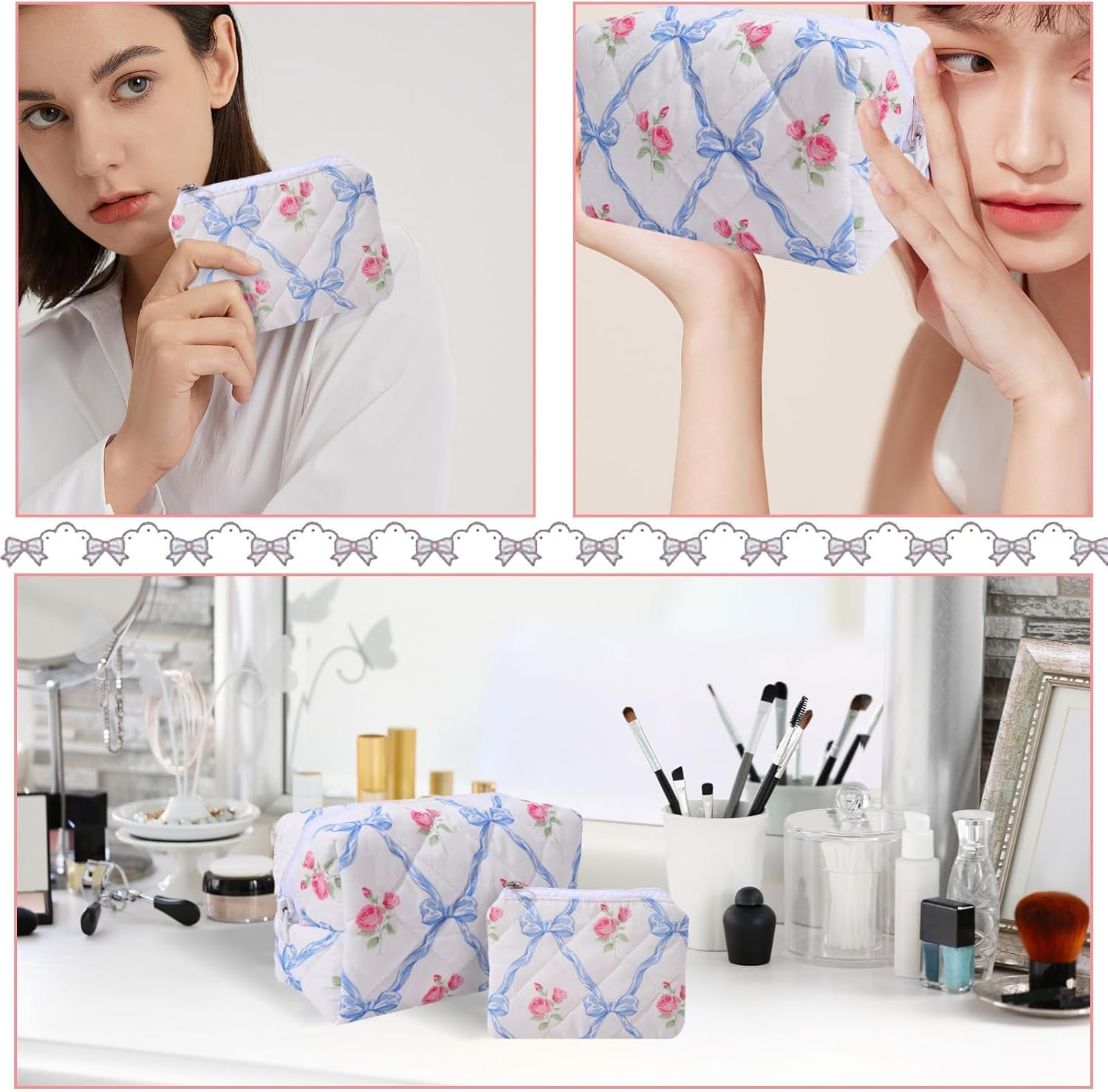 LYDZTION 2PCS Cute Quilted Makeup Bag for Women, Floral Makeup Bag Cosmetic Bag Pouch Coquette Bow Small Makeup Bags Aesthetic Stuff Travel Essentials for Women, Blue - Blue image number 4