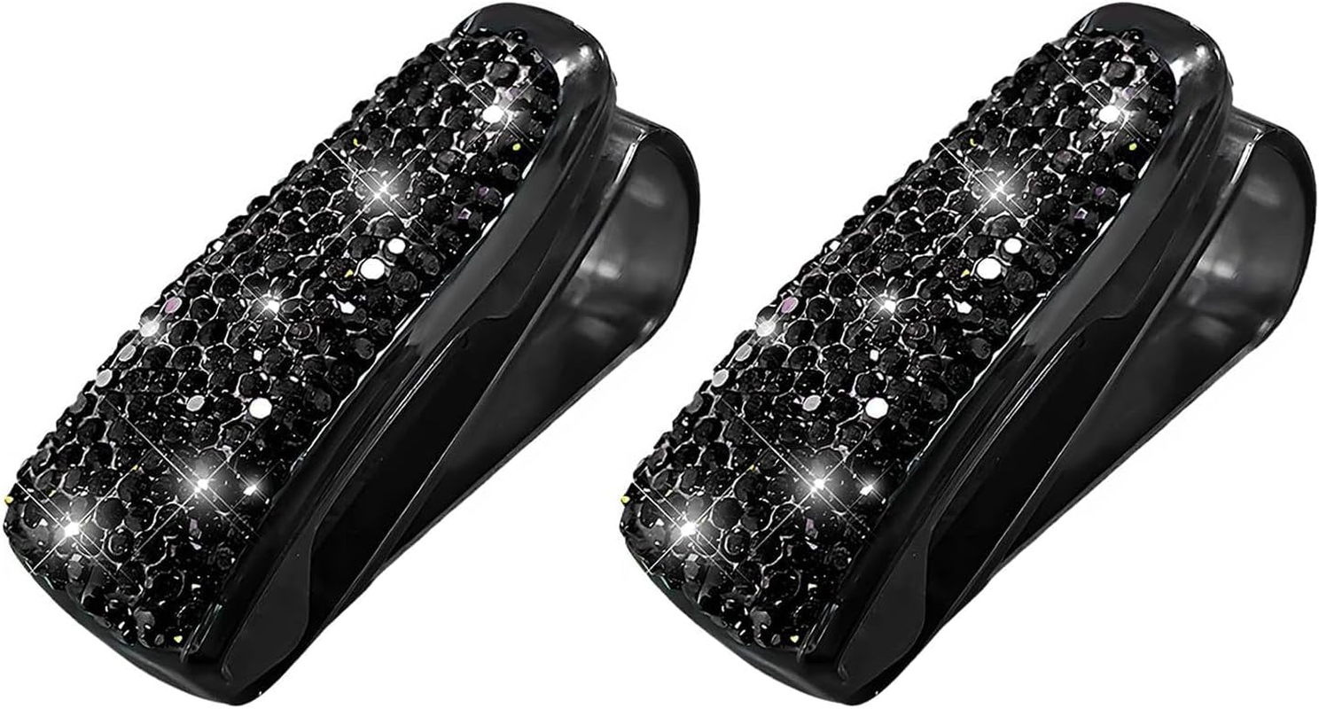 2 PCS Bling Sunglasses Holder for Car Sun Visor, Crystal Rhinestones Eyeglasses Hanger Mount with Ticket Card Clip, Universal Vehicle Visor Decor Accessories for Women (Black)