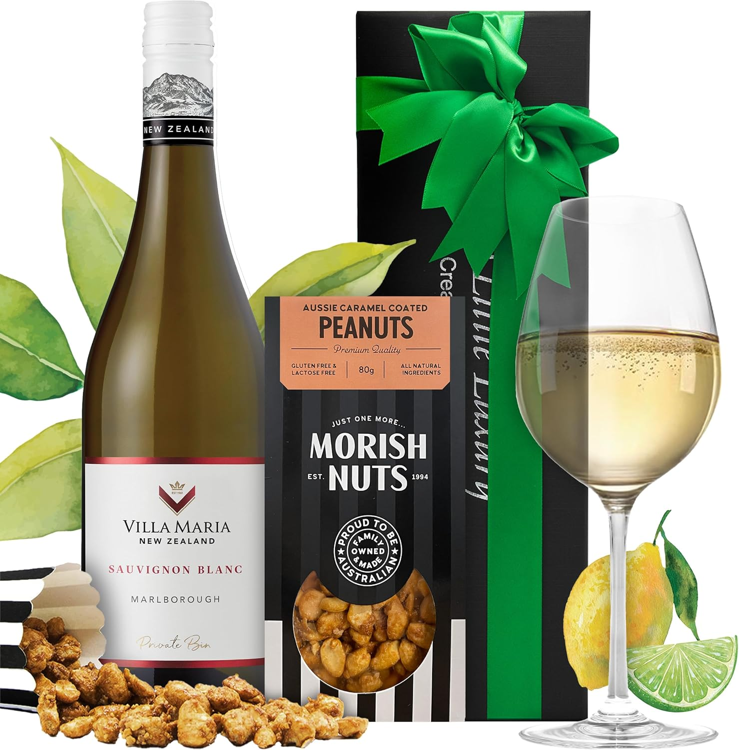 A Little Luxury Villa Maria Sauvignon Blanc Gift - with Morish Caramel-Coated Peanuts, Our Signature Gift Box & Green Satin Ribbon