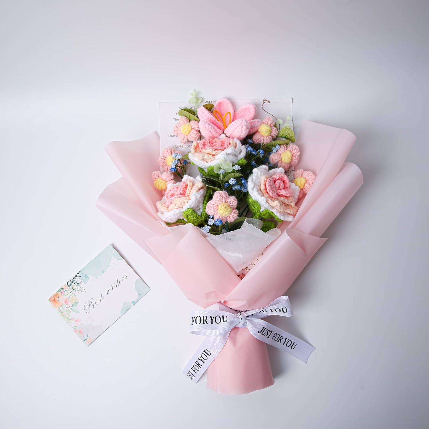 Ezsenses Crochet Flowers Bouquet - Hand Knitted Rose Crochet Flower Bouquet for Home Decor, Weddings, Birthdays, Mother'S Day - Includes Gift Bag and Greeting Card, Faux Crochet - Pink image number 3