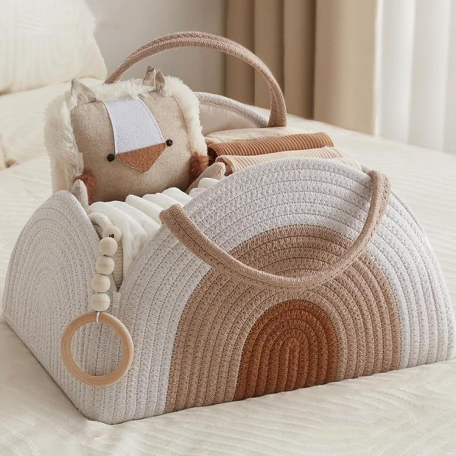 YUEMING Nappy Caddy, Baby Nappy Organiser, Cotton Rope Newborn Essentials Diaper Caddy with Dividers, Portable Baby Caddy Storage Basket, White