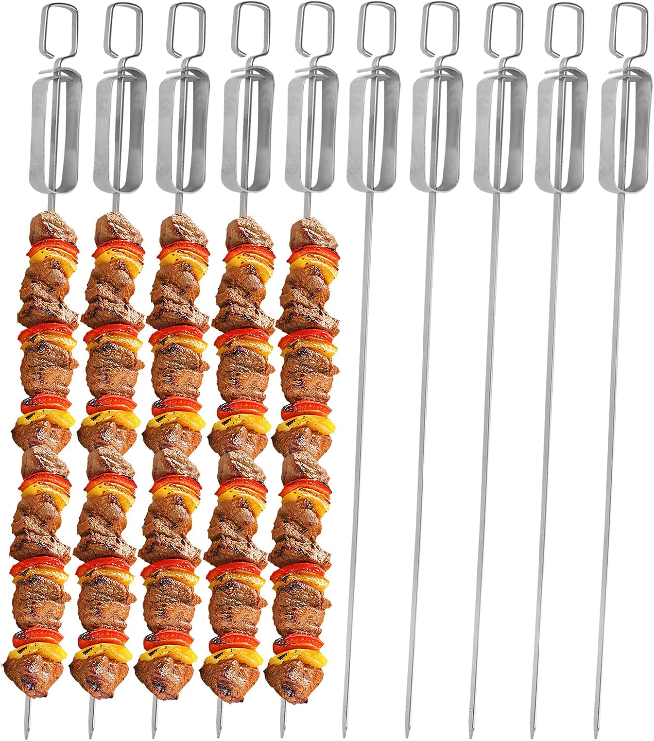 BBQ Skewers, Premium 304 Stainless Steel BBQ Skewers,15 Inch Heavy Duty Metal Kabob Sticks for Grilling, Reusable & Dishwasher Safe (Single Fork8)