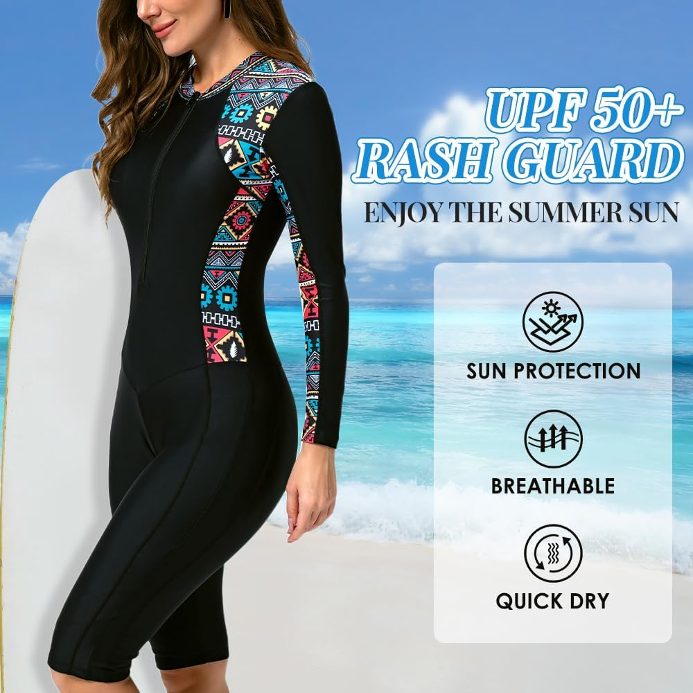 WOTOW Women'S One Piece Rash Guard Swimsuit, UPF 50+ Zip up Long Sleeve Boyleg Bathing Suit with Built in Bra, Summer Quick Dry Swimwear image number 2