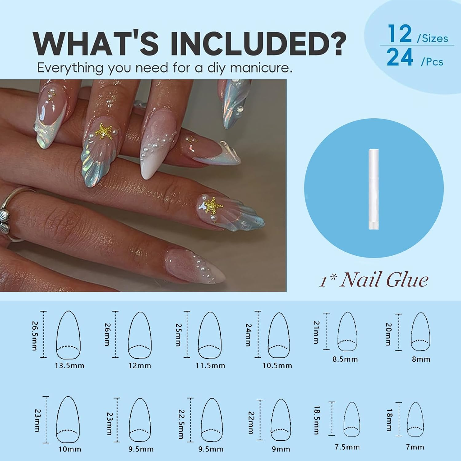 Kzvsiy 24 Pcs Full Cover Almond Press-On Nails, Beach Blue & White Ombre with 3D Shell, Star, and Pearl Designs, Medium Stick-On False Nails for Women image number 3