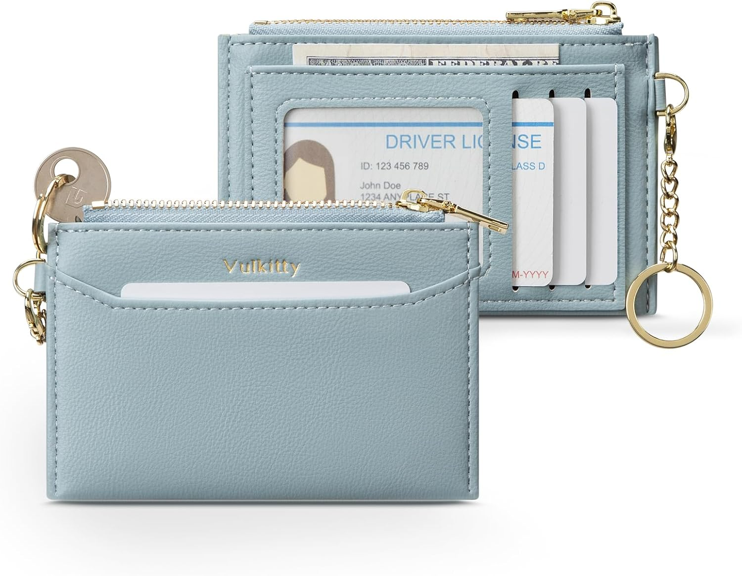 Vulkitty Slim Card Holder for Womem with Keychain and ID Window, Minimalist Wallet RFID Protected for Cards, Bills, Keys and Coins, Blue