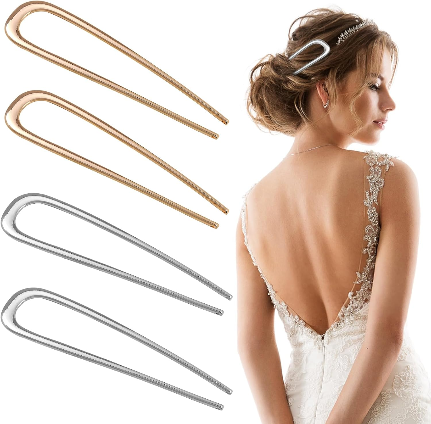 Pack of 4 Hair Pins Large Metal U-Shaped Hairpin Hair Pin 2 Prong Updo Chignon Pins Hair Pins U-Shaped French Style Hair Updo for Women Girls image number 1
