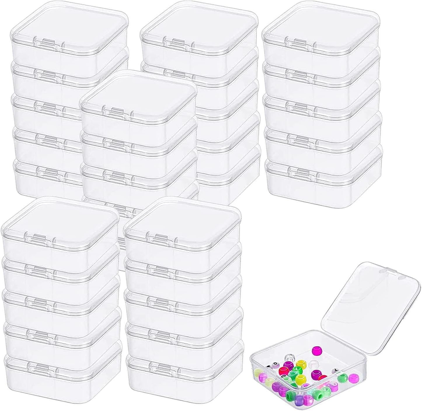 YBVABE 24Pack Plastic Beads Storage Containers Compact 4.5X4.5X2Cm - Versatile Organizer for Jewelry, Hardware, Beads, Earplugs - Durable, Hinged Lid, Transparent Design