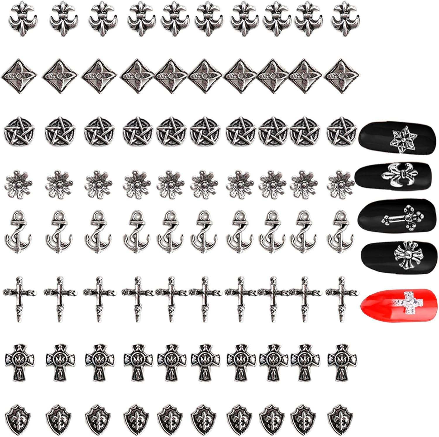 80Pcs Leeneen Silver Metal Cross Nail Charms for Nails Design,Y2K 3D Chrome Nails Art,Vintage Alloy Cross Heart Skull Acrylic Charm for Women, Halloween Nail Supplies (L1)