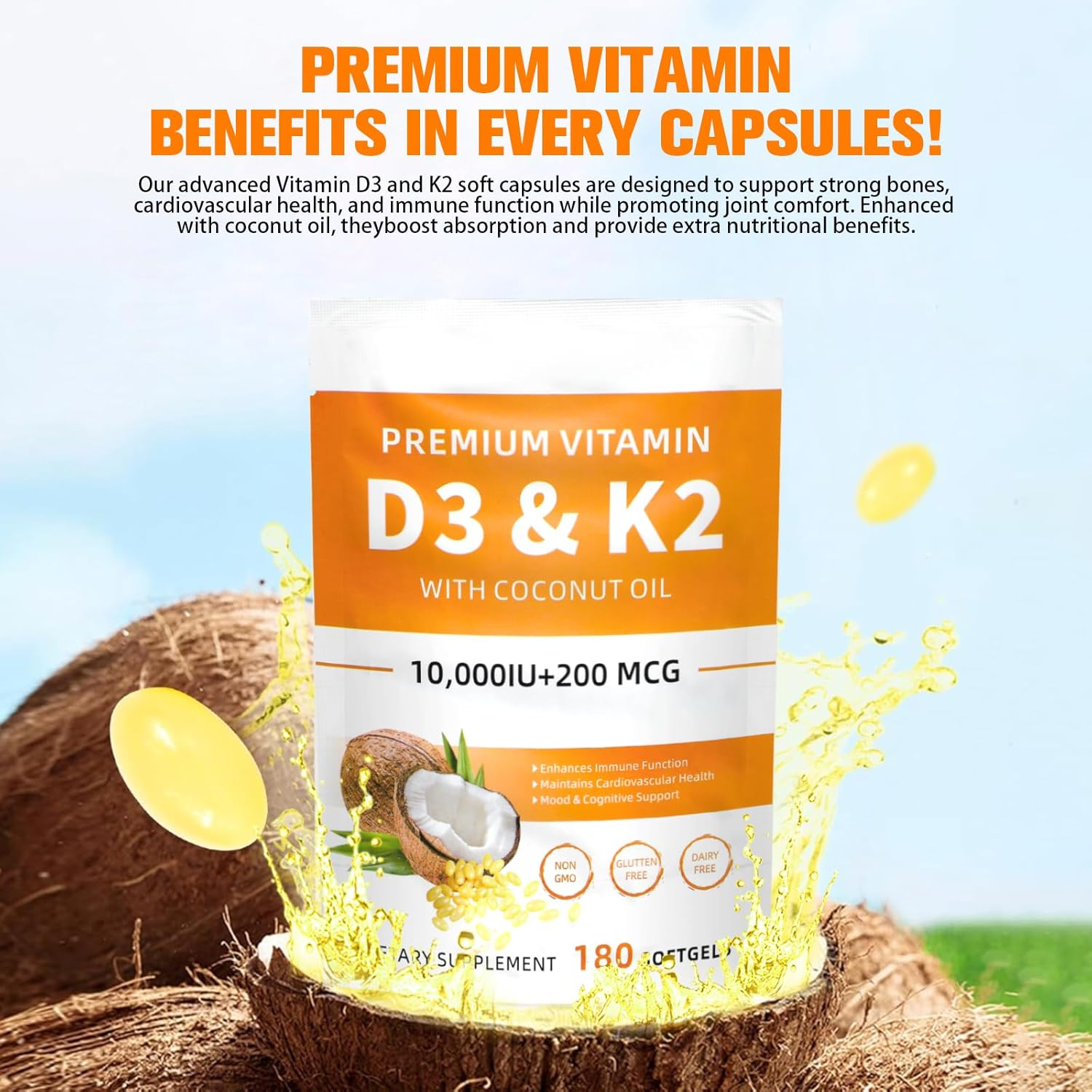 Vitamin D3 K2 Supplement Softgels, 180 Softgels, 2 in 1 Vitamin D3 with K2,Vitamins D3 K2 10,000 IU Supplement Coconut Oil Softgels, GMO Gluten and Sugar Free,Protects Bone and Cardiovascular Health image number 2