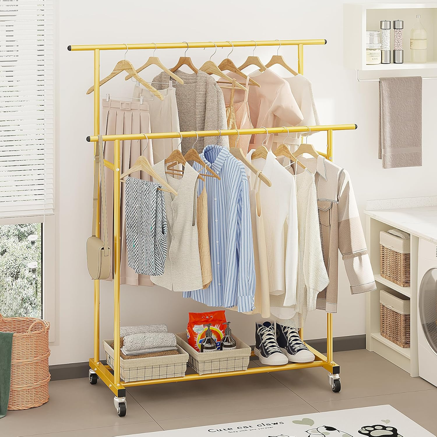 Calmootey Double Rod Clothing Garment Rack,Rolling Hanging Clothes Rack,Portable Clothes Organizer for Bedroom,Living Room,Clothing Store,Gold - Black image number 4