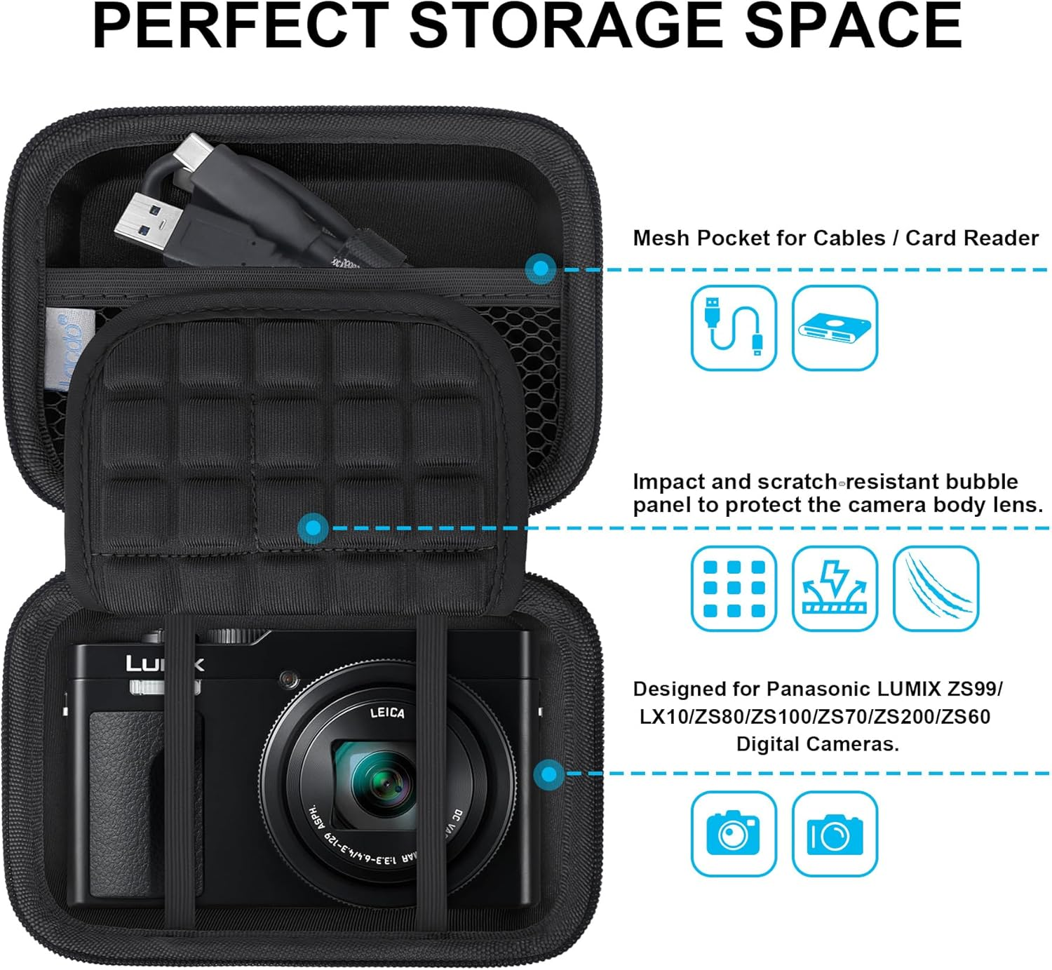 Lacdo Camera Carrying Case for Panasonic LUMIX ZS99/LX10/ZS80/ZS100/ZS70/ZS200/ZS60 Point and Shoot Digital Camera, Protective Storage Trave Bag, Mesh Pocket Fits Batteries, Cable, Black+Black image number 6