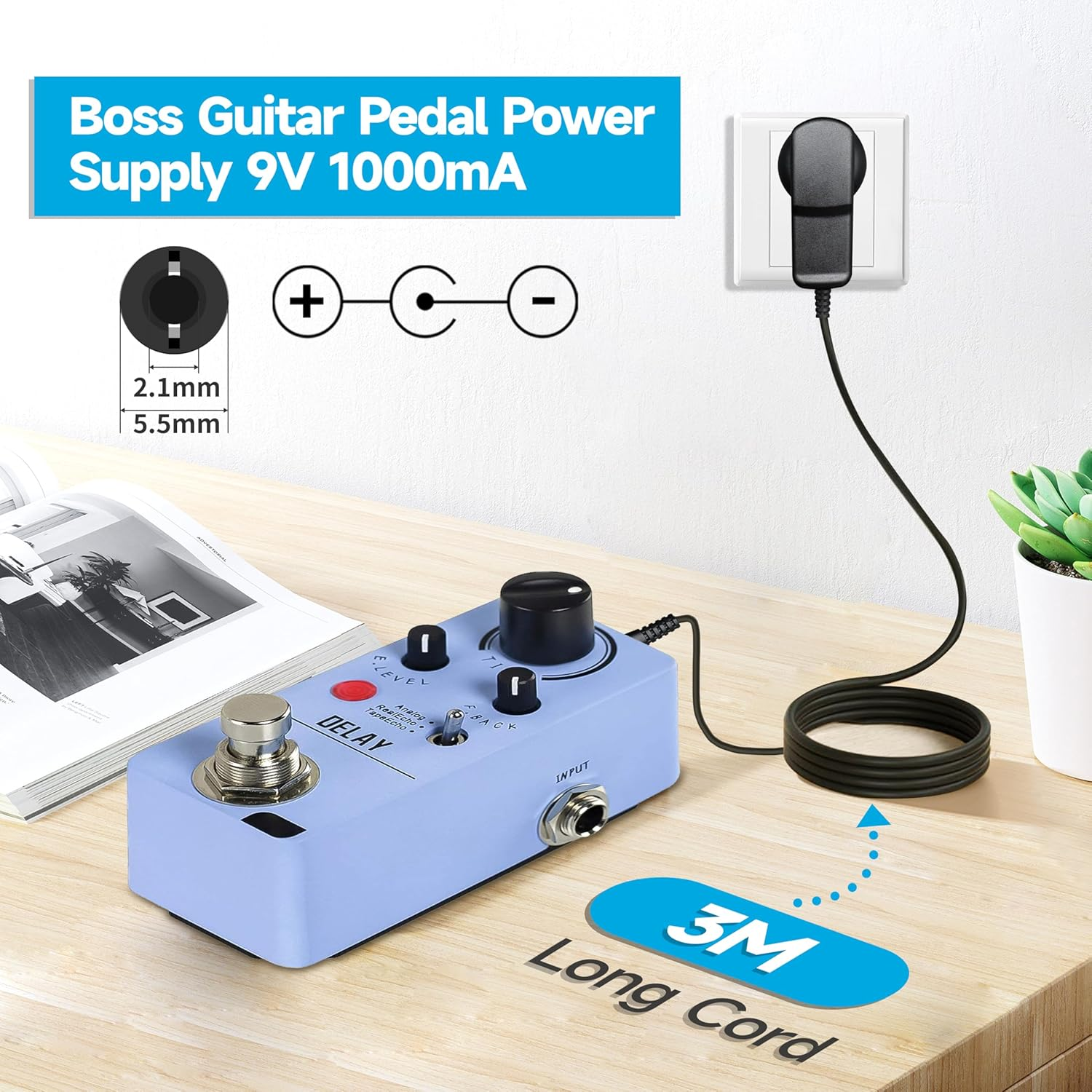 9V 1A/1000Ma Power Supply Adapter with 3M Long Cord, AC 100-240V to DC 9V 1A 9W Switching Adapter PSU Wall Plug for Most Guitar Bass Effect Pedal, Center Negative, SAA Certified image number 4