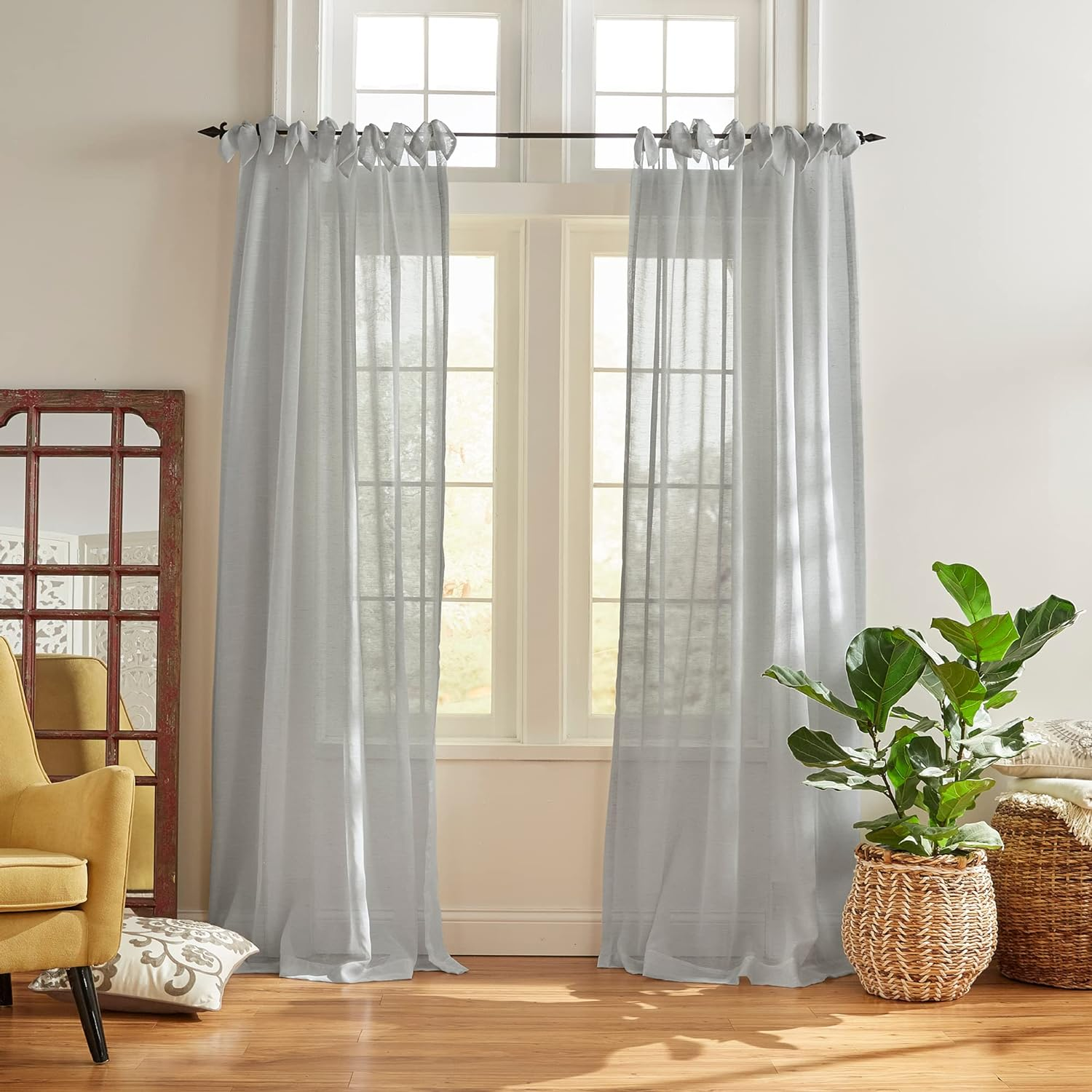 Elrene Home Fashions Vienna Tie-Top Sheer Window Curtain Panel, off White, 52" X 95" (1 Panel)