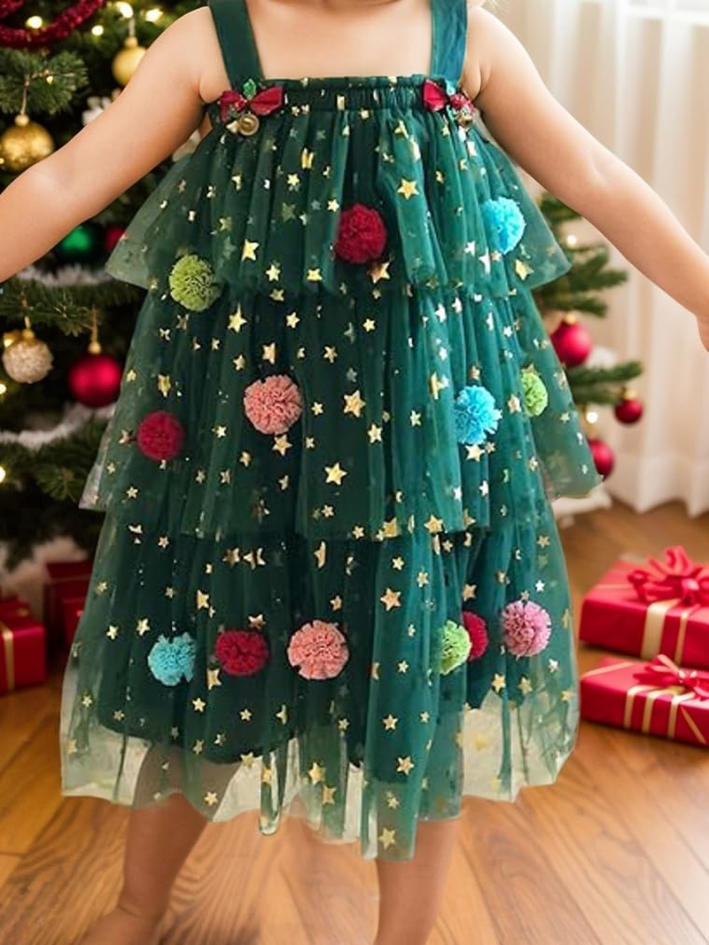 Noubeau Toddler Baby Girl Christmas Dress Star Sequin Layered Green Tutu Dresses Pompom Cake Smash Xmas Clothes image number 1